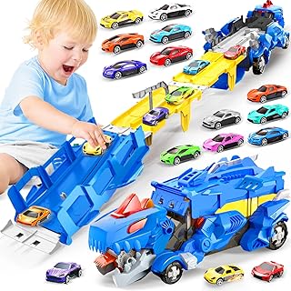 Dinosaur Toys for Kids 3-5, Dinosaur Truck with 12 Cars Toys, Car Track Set, Birthday Gifts Toys for 3 4 5+ Year Old Boys Girls, Transport Carrier Truck for Toddlers, Chritsmas Gifts