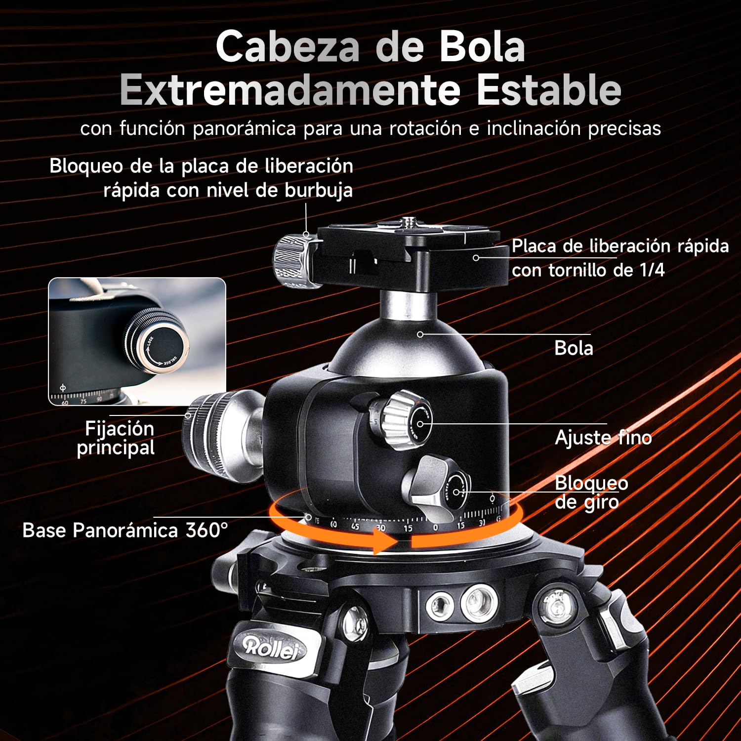 Rollei 166cm Tripode Cámaras Carbono Profesional Rock Solid Alpha Mark III | Trípode Fotografia con Capacidad de Carga de 30kg Camera Tripod Negro con Rótula Ajustable para DSLR Videocámara