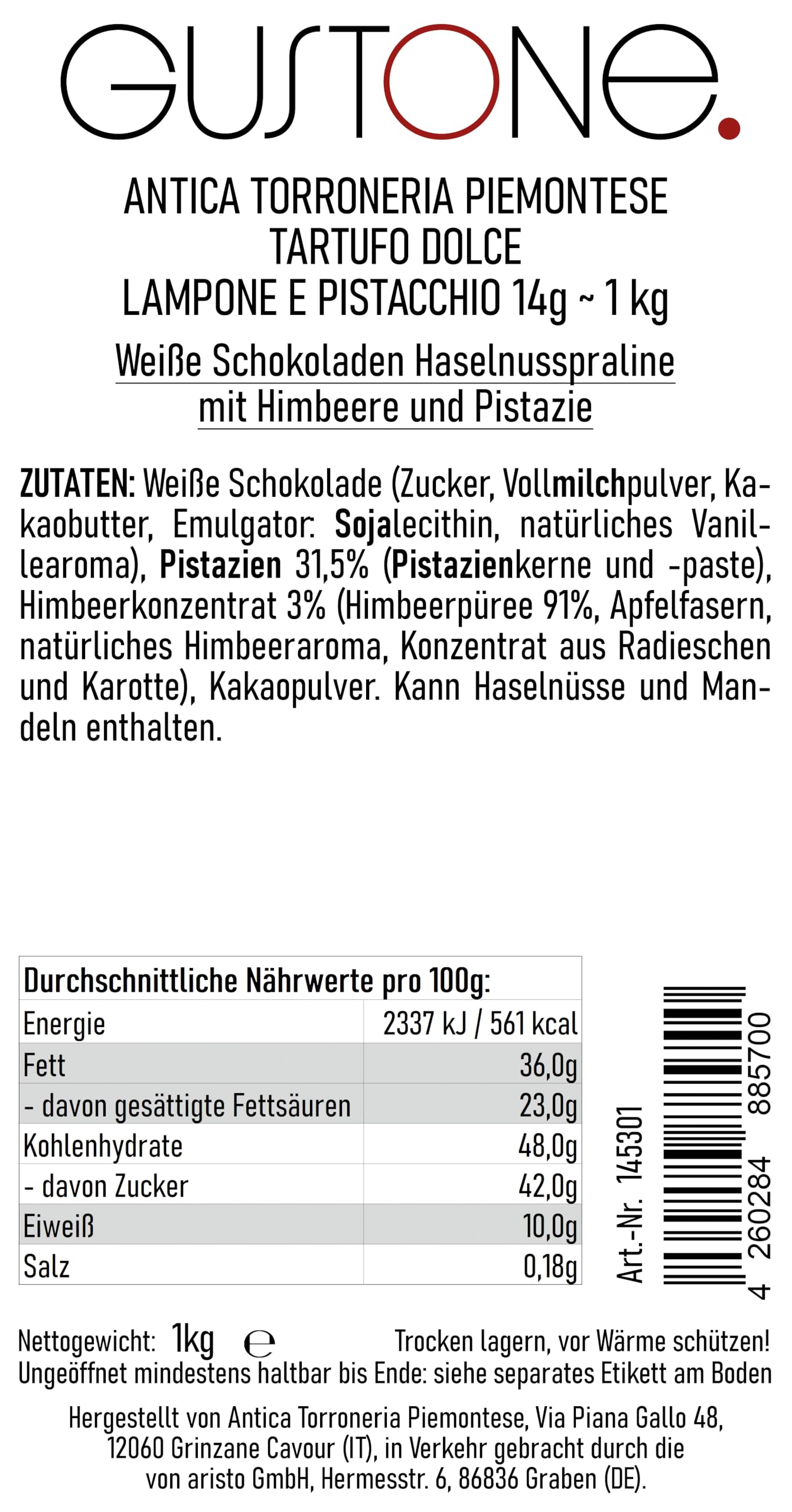 GUSTONE. Tartufi Dolce Lampone e Pistacchio Antica Torroneria 1kg | Schokoladentrüffel, Piemont-Haselnüsse IGP, Trüffel-Pralinen Himbeere Pistazie, ideal für die Kaffeeküche im Büro