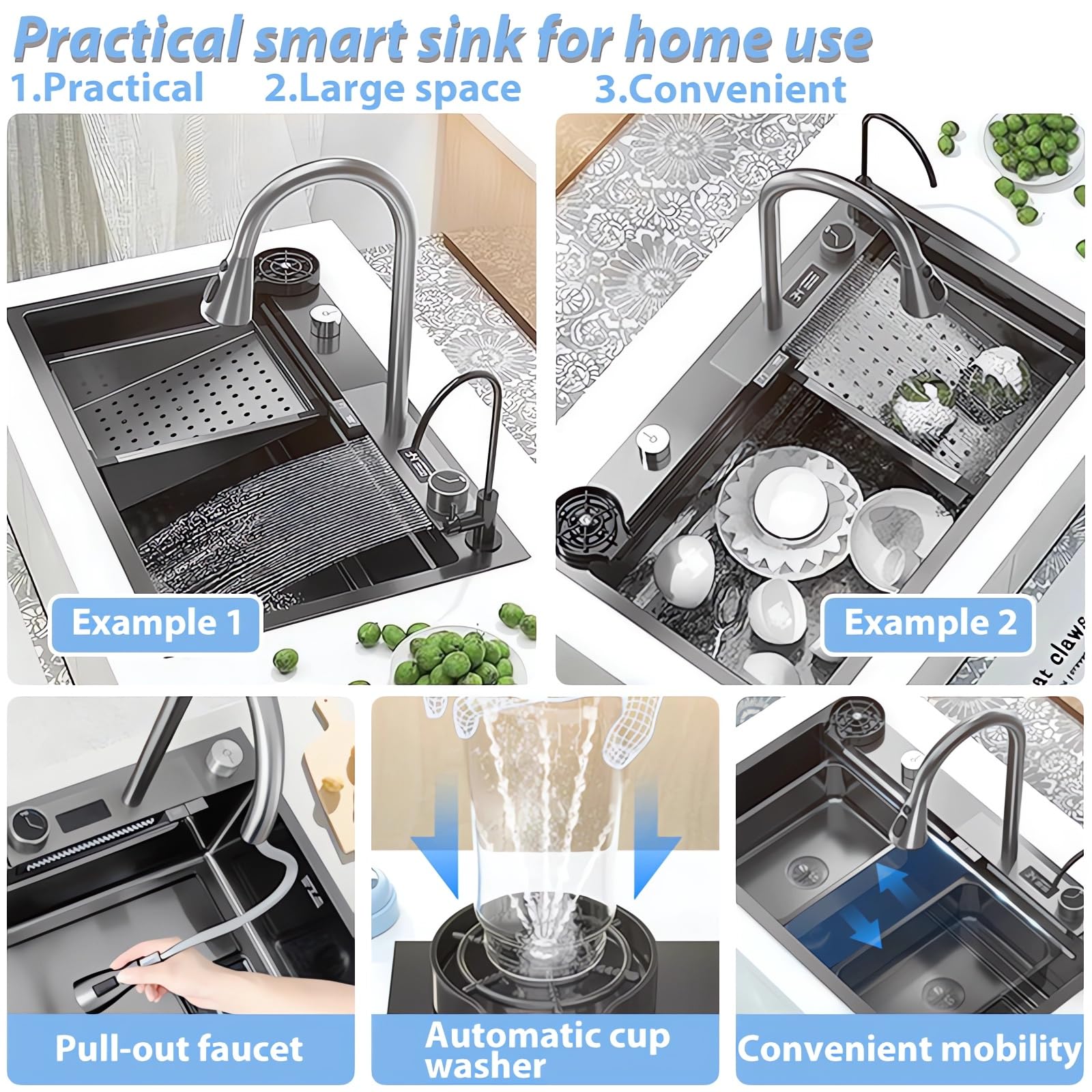 Moderno fregadero de cocina de acero inoxidable de 85 x 45 cm, lavabo individual multifuncional, elegante diseño negro gris, fácil de limpiar, ideal para cocinas domésticas y restaurantes