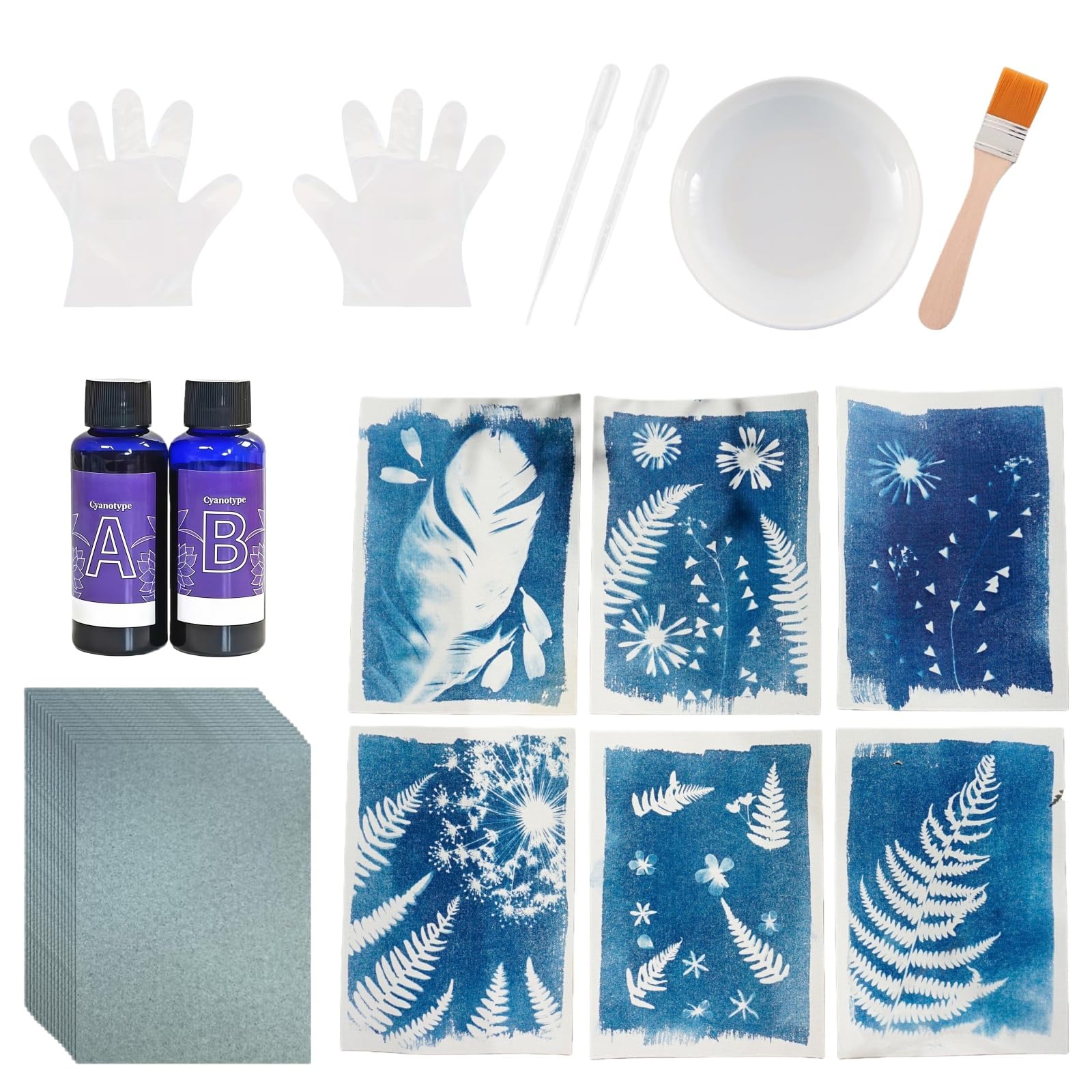 35Pcs Cyanotype Paper Kit,24 Sheets A6 Sensitive Sun Art Paper,50ml Cyanotype Sensitizer,Complete Solar Printing Supplies for DIY Art,Photography,and Fabric Projects