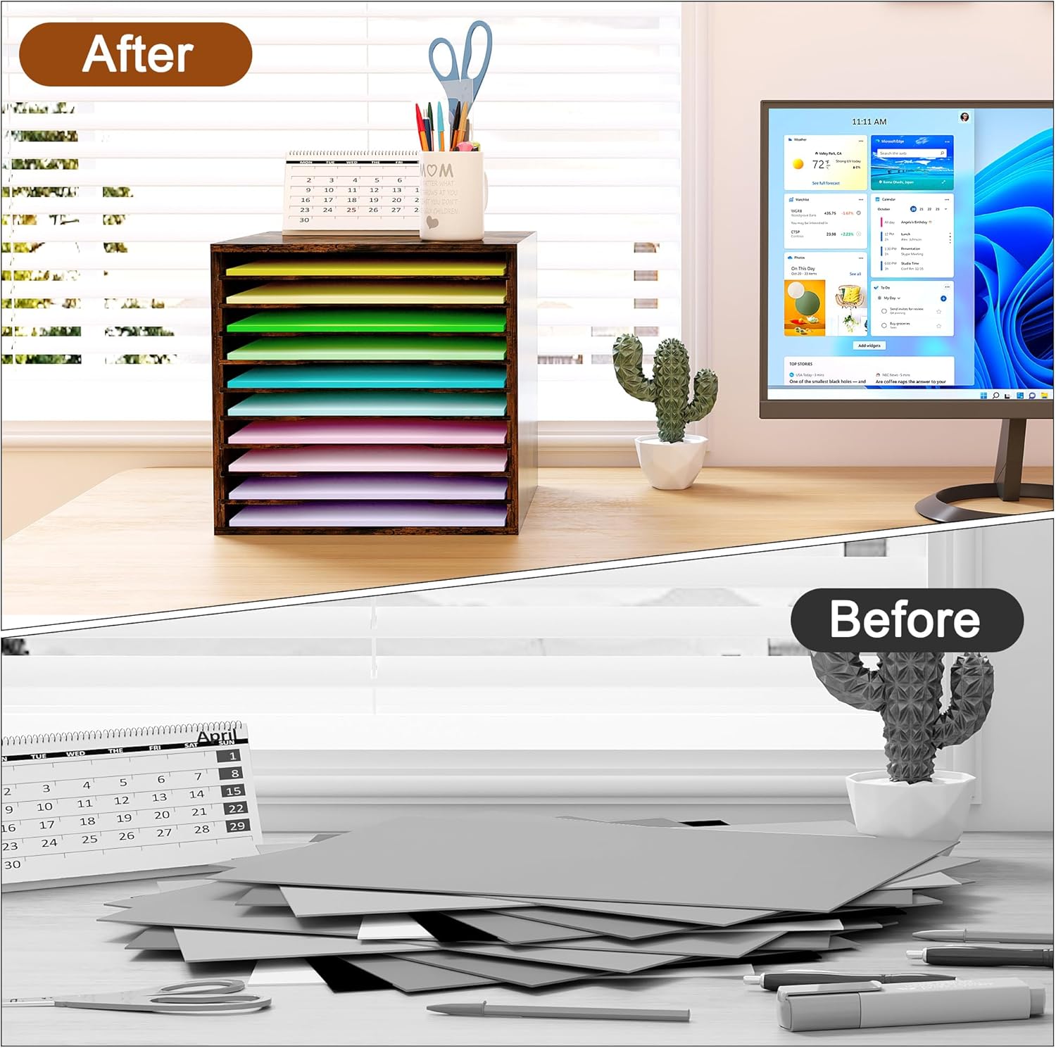 EasyPAG Scrapbook Paper Storage Organizer for Craft Room, 12x12 Paper Storage Desk Shelf, 10 Slot Adjustable File Sorter for Office School Classroom, Antique - Image 6