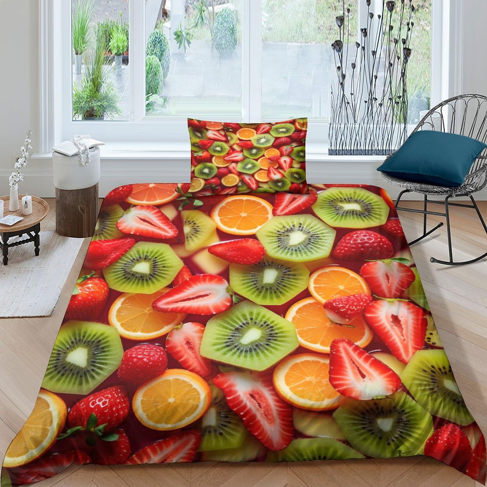 Housse de couette 135x200 Fraise Kiwi microfibre 3 pièces lit 1 place