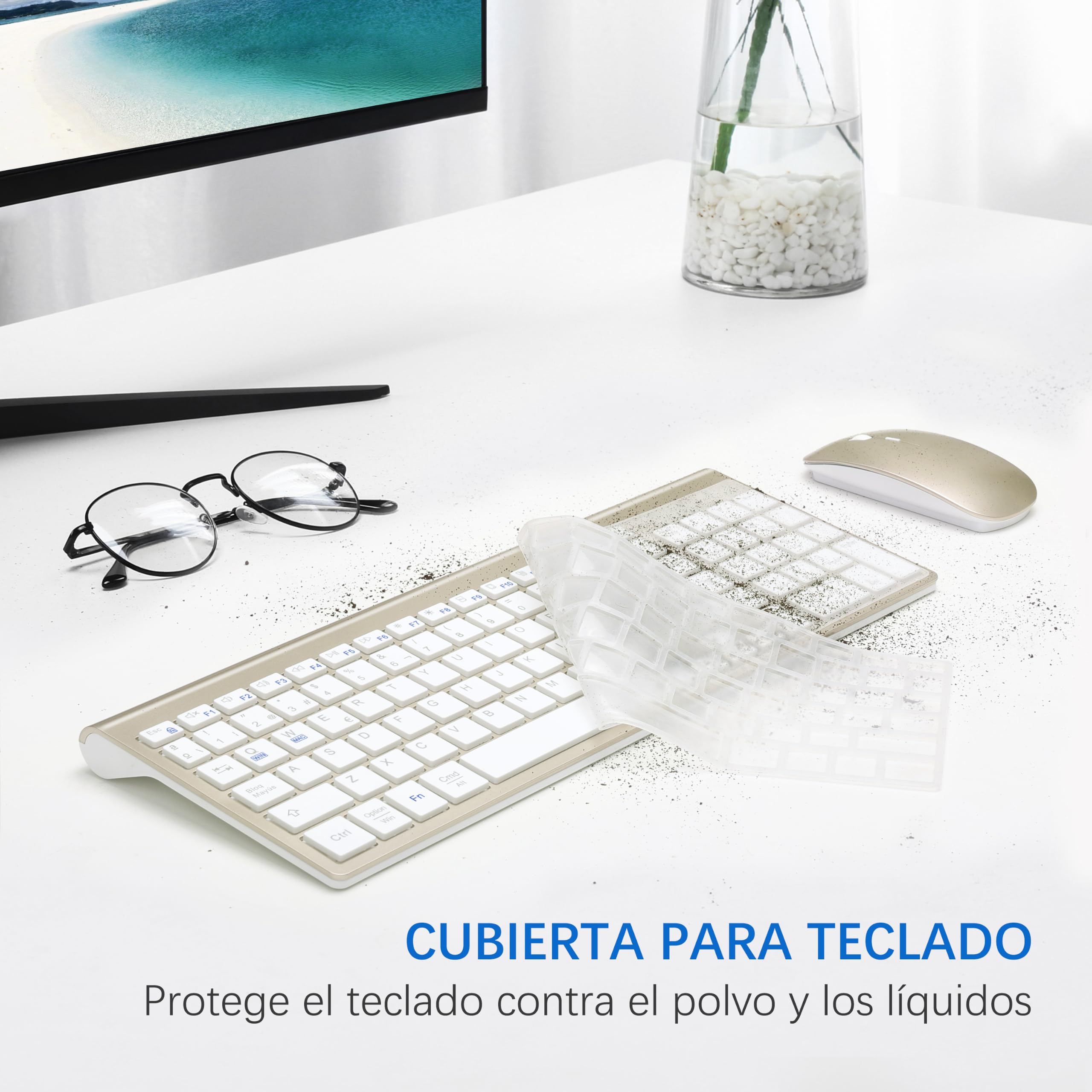 Combo Teclado y Ratón Inalámbrico Ultradelgado, Doble Sistema-Blanco Dorado