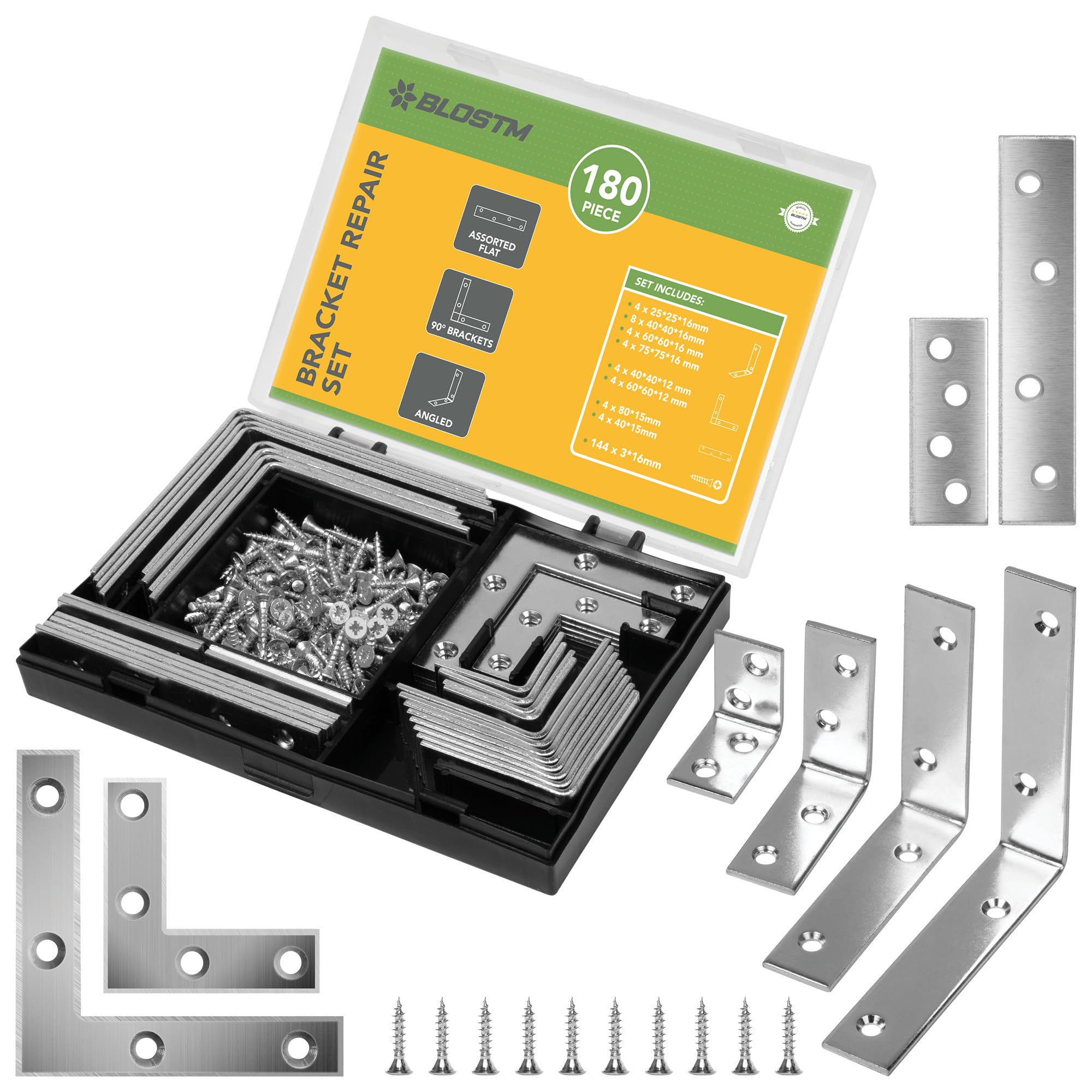 BLOSTM Bracket Repair Set 180 PCS with Storage Box | Assorted Angle Brackets, Screws, Flat Brackets for Wood, Heavy Duty L Brackets, Right Angle Brackets for Shelves, Furniture