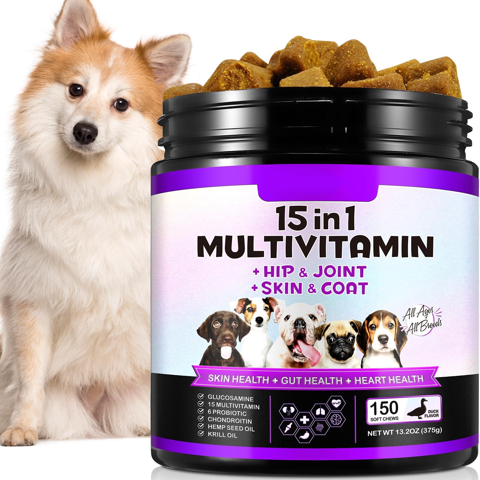 15-in-1 Dog Multivitamin Supplements，Natural Daily Vitamins Chews for Dogs with Glucosamine & Probiotics,Pet Health Support-Skin-Immunity-Gut Digestion-Joint-Heart,150 Pcs-Duck Flavor