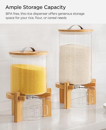 Miniatura 7 de HBlife Dispensador de arroz de vidrio de 14 a 16 libras con soporte de madera, contenedor de harina y cereales con taza medidora de vidrio