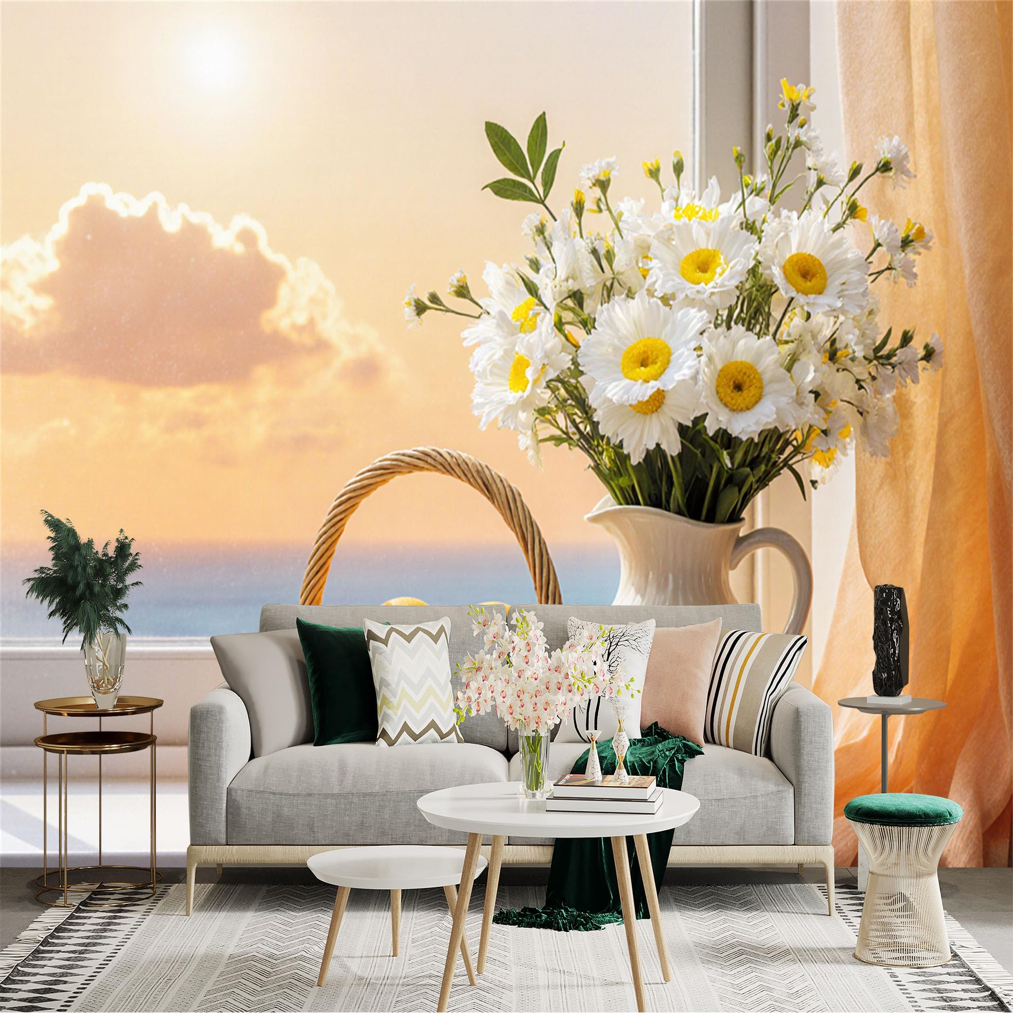 Custom Size Wall Sticker Mural， White Daisies in Ceramic Pitcher， Fresh Oranges in Woven Basket， Warm Sunset Ocean View， for wall Decoration， peelandstick wall Decals.