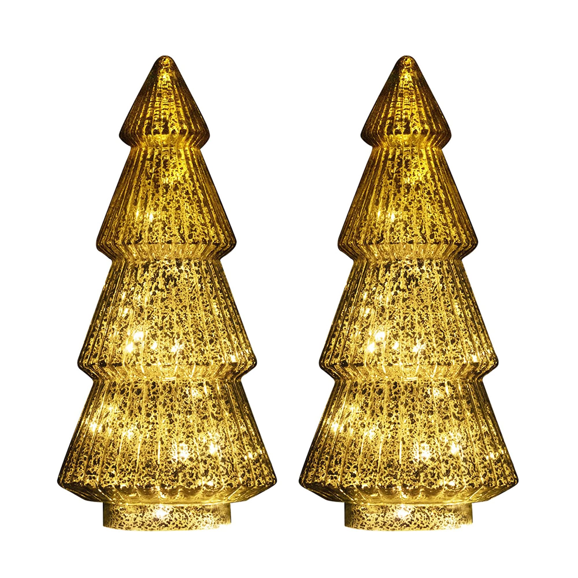 Jusdreen Set of 2 Christmas Ornaments, 15in Tower Shaped Glass Xmas Tree Artificial Snow Decoration with LED Lights, Home Table Decor Festive Gift Christmas Decorations (Gold)