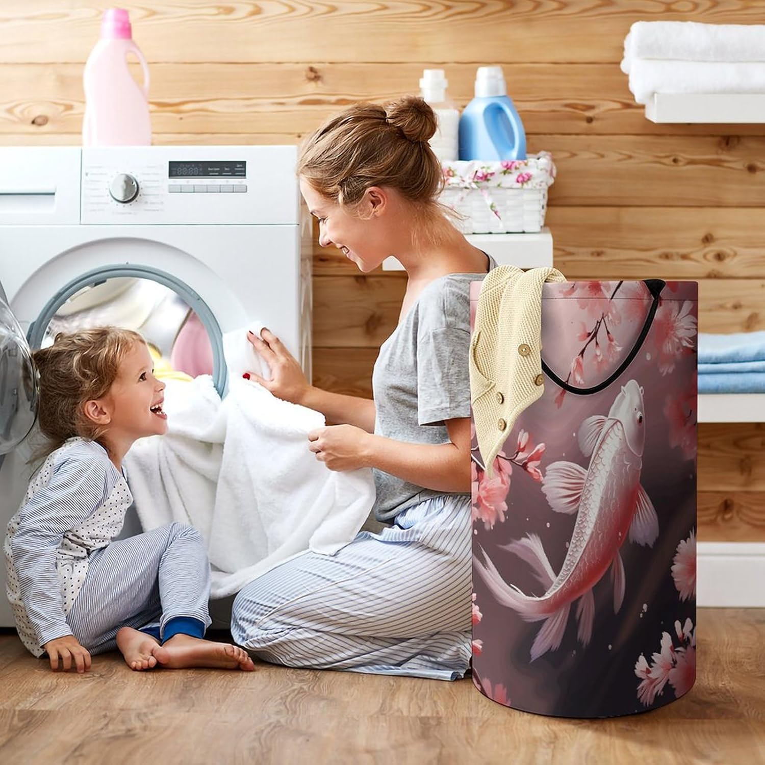 Large Laundry Basket Cherry Blossom Red Carp Dirty Clothes Hamper Collapsible Waterproof Laundry Hamper with Handles Freestanding Toy Blanket Storage Basket for Bedroom Bathroom