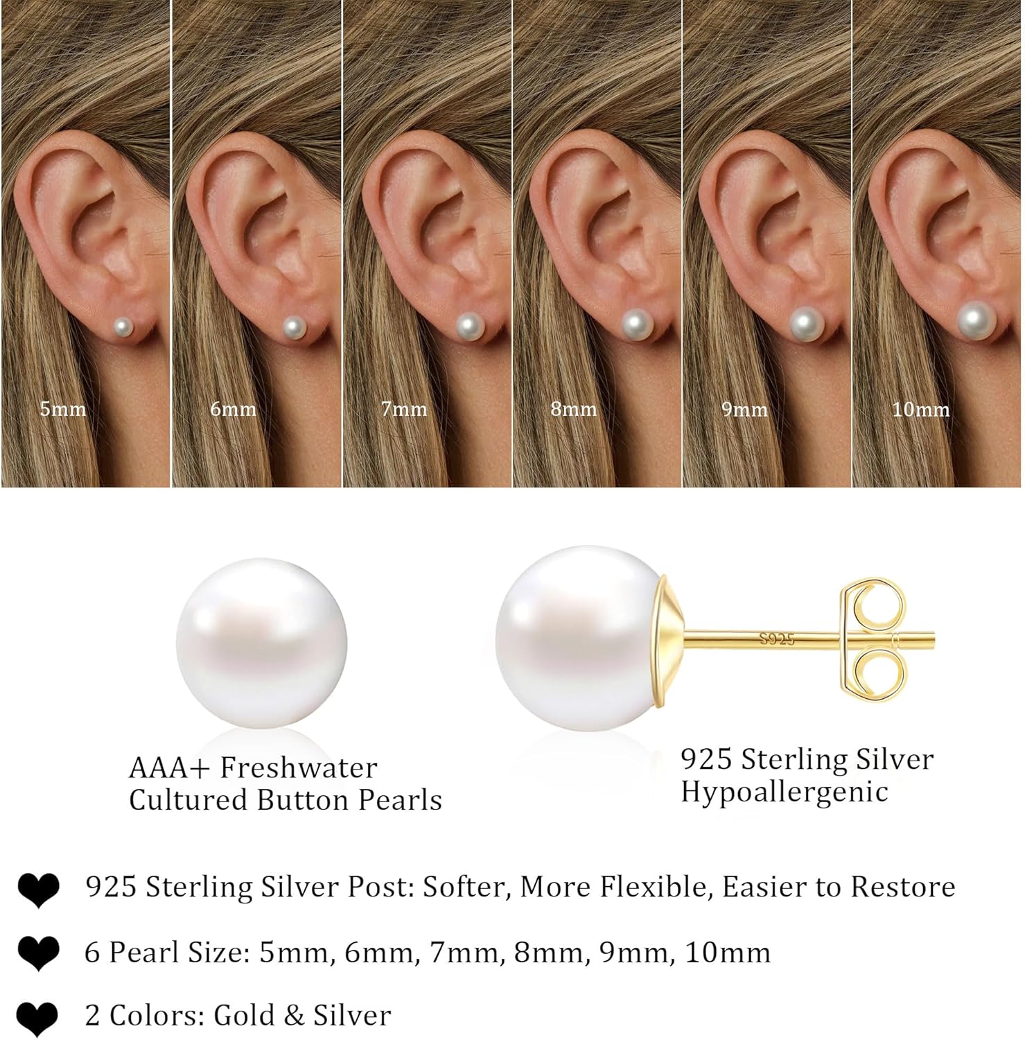 WFYOU Pearl Earrings for Women 925 Sterling Silver Earring 14K Gold Plated Pearls Stud Earrings for Women Trendy White 5 6 7 8 9 10MM Pearl CZ Diamond Hypoallergenic Earring Jewelry Gift - Image 4