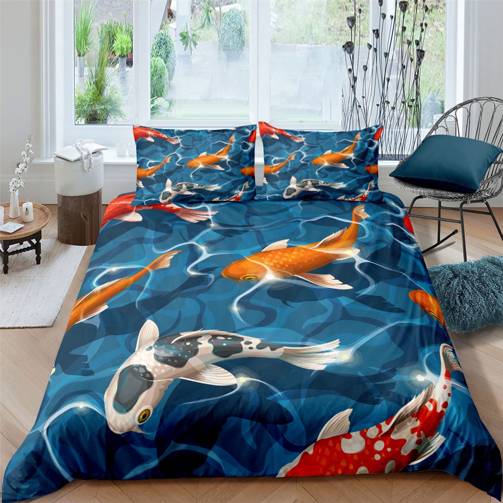 Housse De Couette 220x240 Cm + 2 Taies 65x65 Cm - Imprimé Pêche, Microfibre Douce, Toutes Saisons