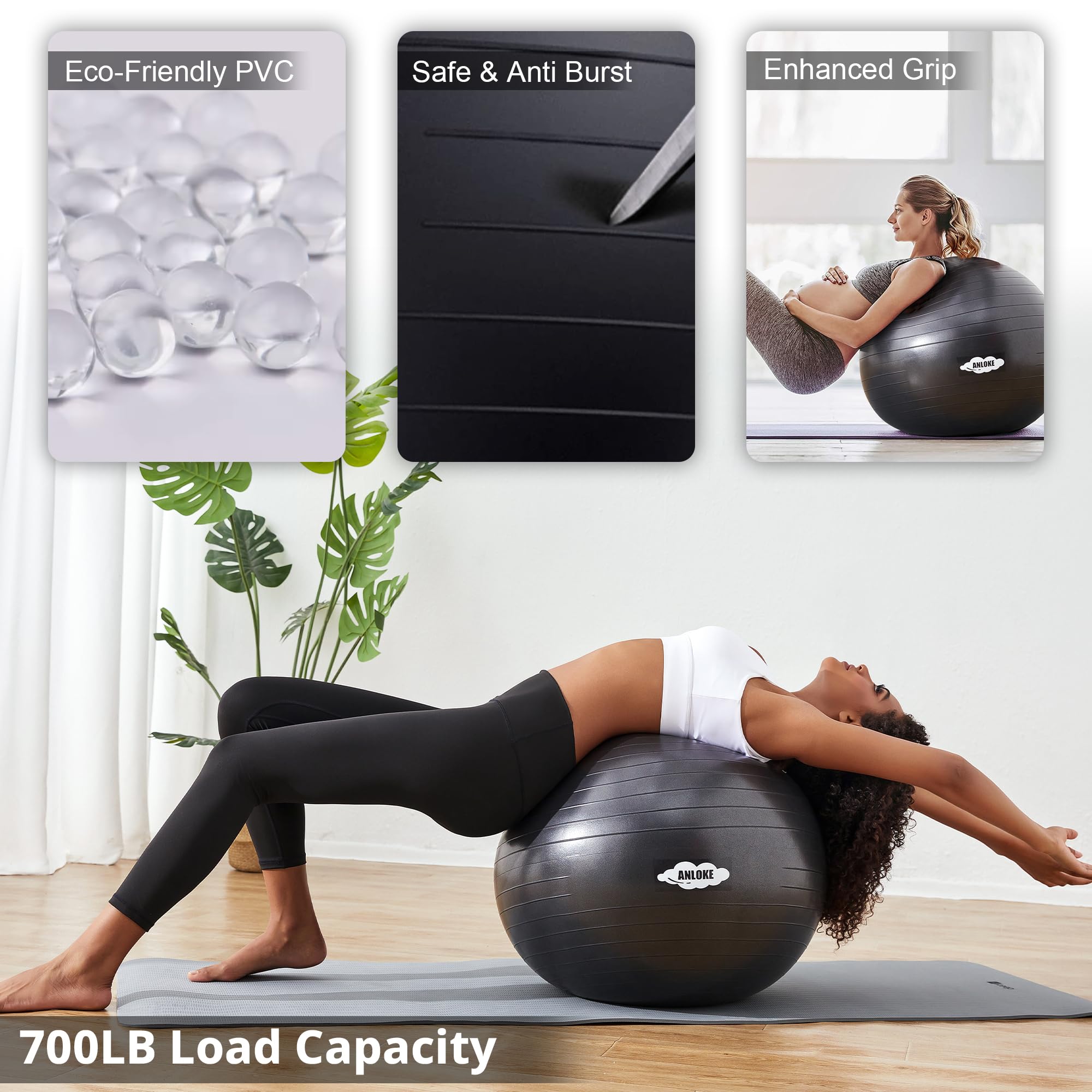 ANLOKE Pelota de yoga para ejercicio y equilibrio, silla de pelota de estabilidad antiestallido, pelota de parto para embarazo, pelota de gimnasio de PVC no tóxico con bomba de pie para pilates