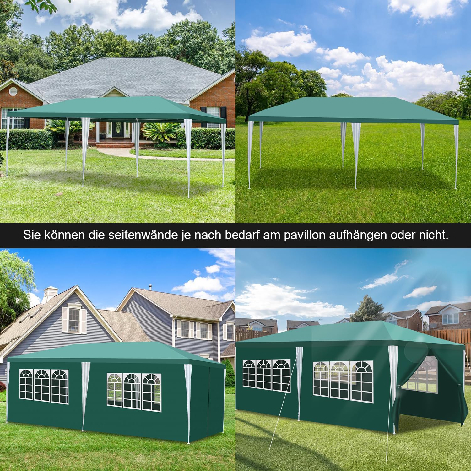 Daromigo Gazebo da giardino impermeabile, 3x6 m, verde, tenda UV, con pannelli laterali e finestre, stabile, resistente invernale, per feste