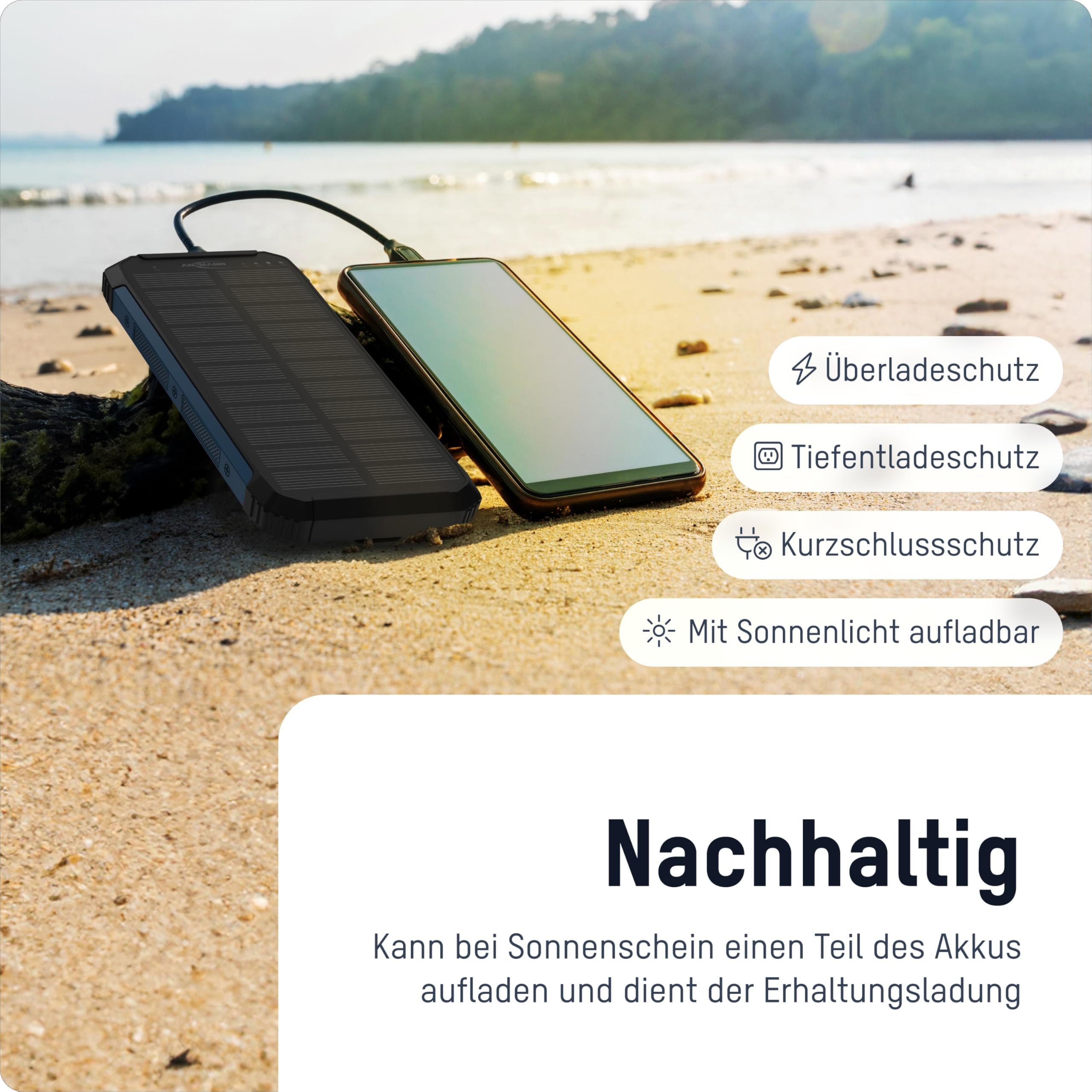 ANSMANN Solar Powerbank 10000 mAh, Outdoor Ladegerät Wireless, mit Solarpanel & Taschenlampe, 2 USB-A Ausgänge, USB-C Eingang, Smartphones, Tablets & mehr