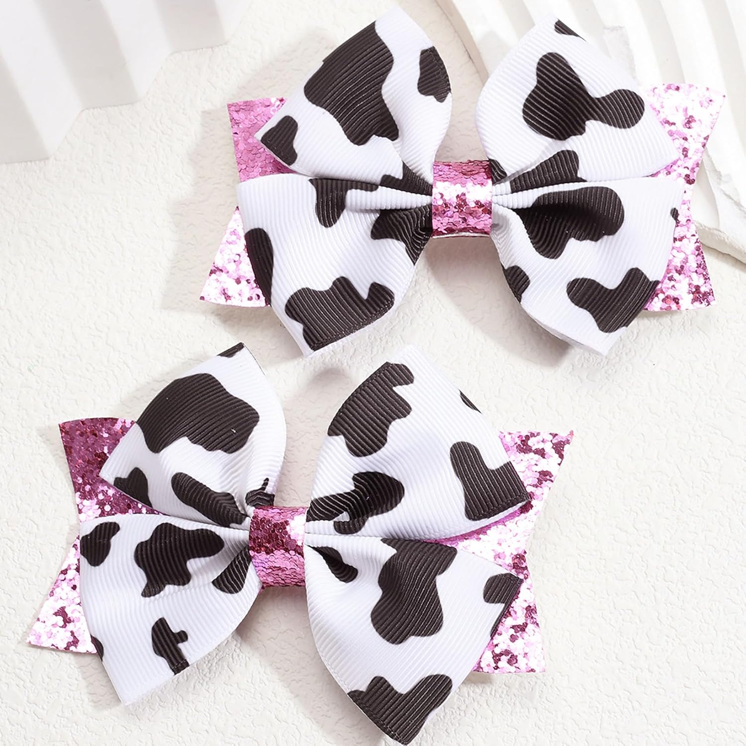2PCS Cow Print Hair Bow Clips Ribbon Clips Hair Accessories Cow Print Birthday Party Decor Games Gifts (Pink White) - Image 6