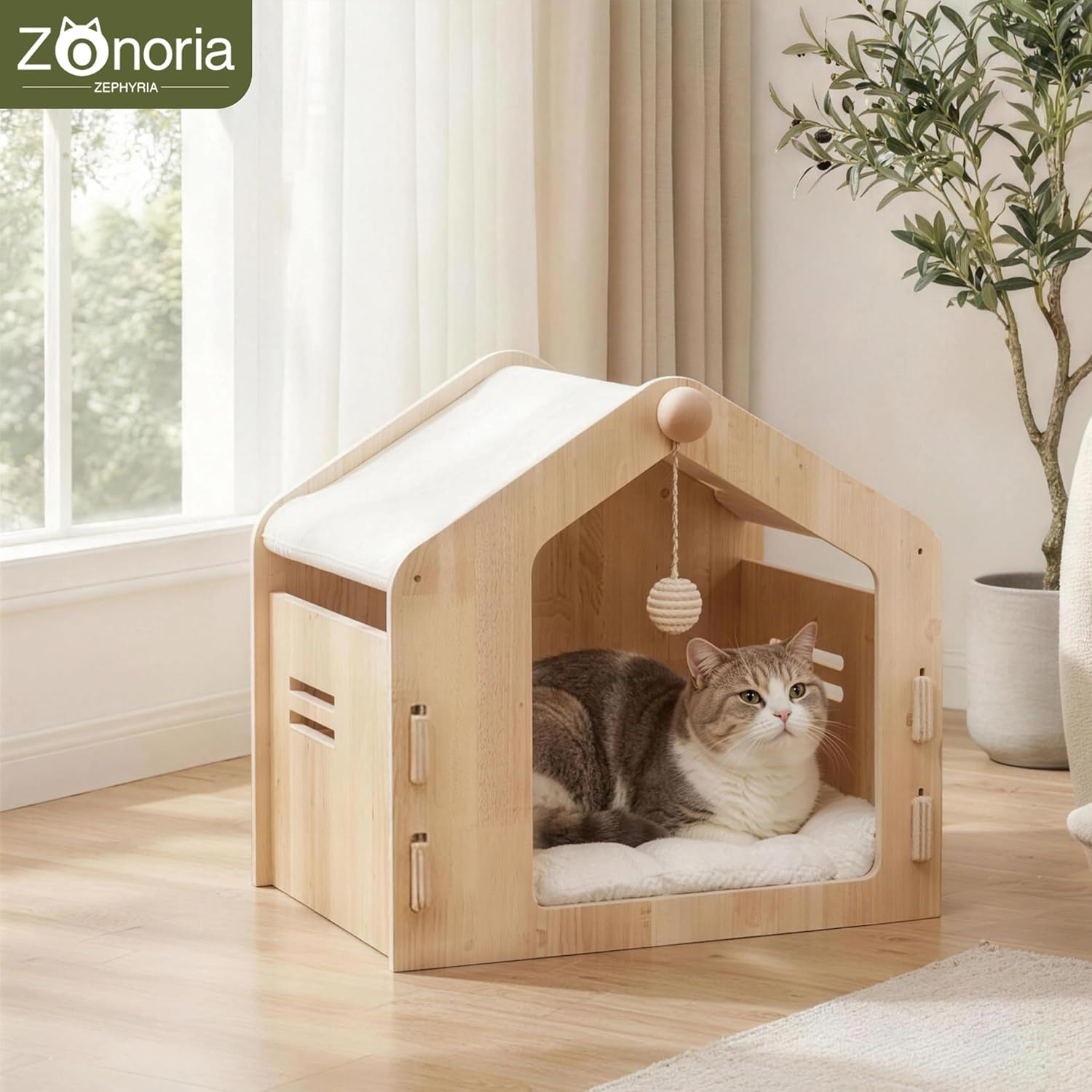 Spacious cat House，Enclosed cat Bed with a Padded Cotton pad and cat Ball，Easy to Assemble and Clean