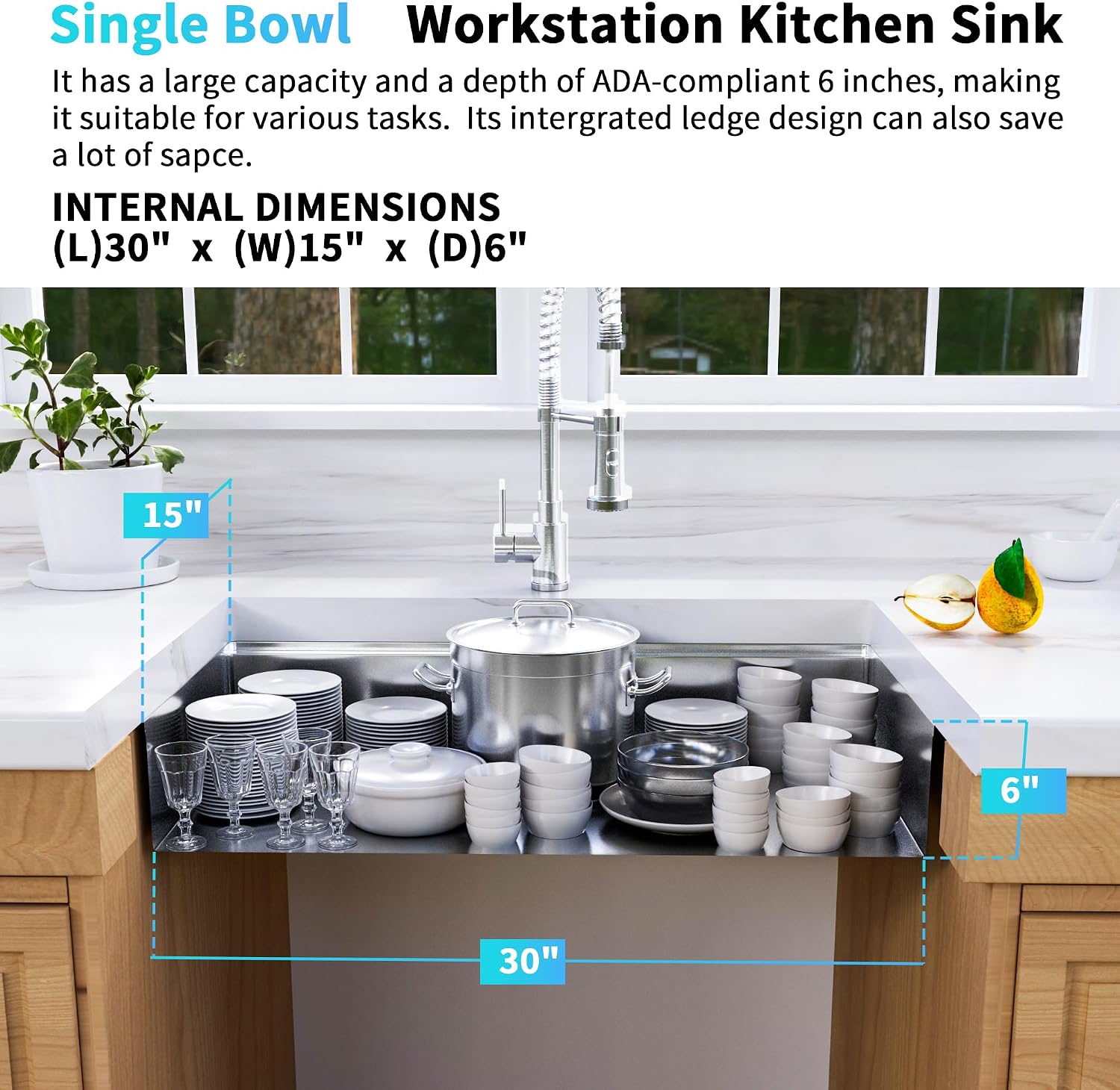 Undermount Kitchen Sink, 16 Gauge SUS304 Stainless Steel All In One Workstation Sink with Ledge & Accessories,32" x 18" x 6" Large Single Bowl ADA-Compliant Kitchen Sinks,6 Inch Deep ADA Sink