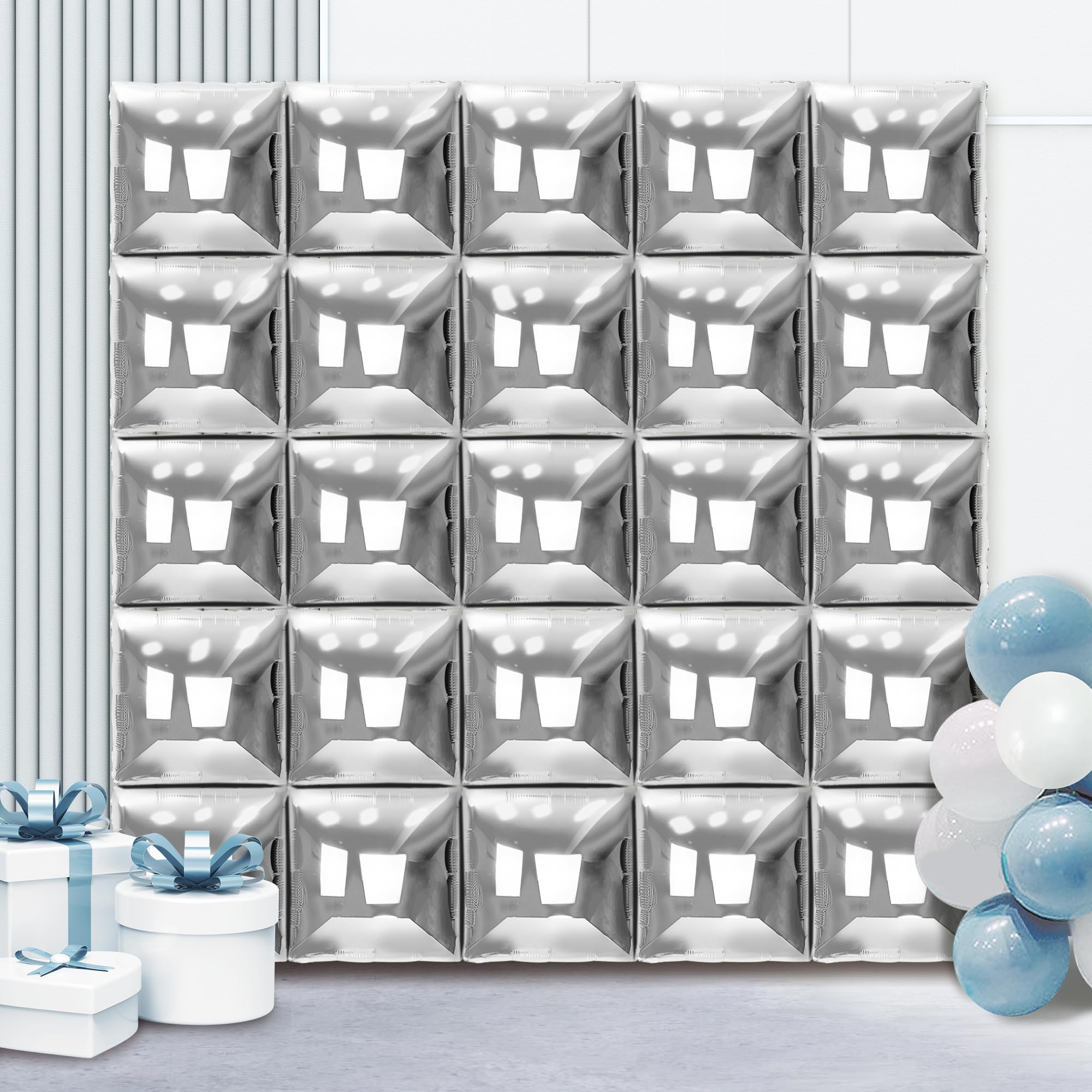 Hapidooda 27pcs Silver Square Balloon Wall, Silver Double Sided Square Foil Backdrop,Helium Mylar Balloon Tunnel Arch Kit for Birthday Party,