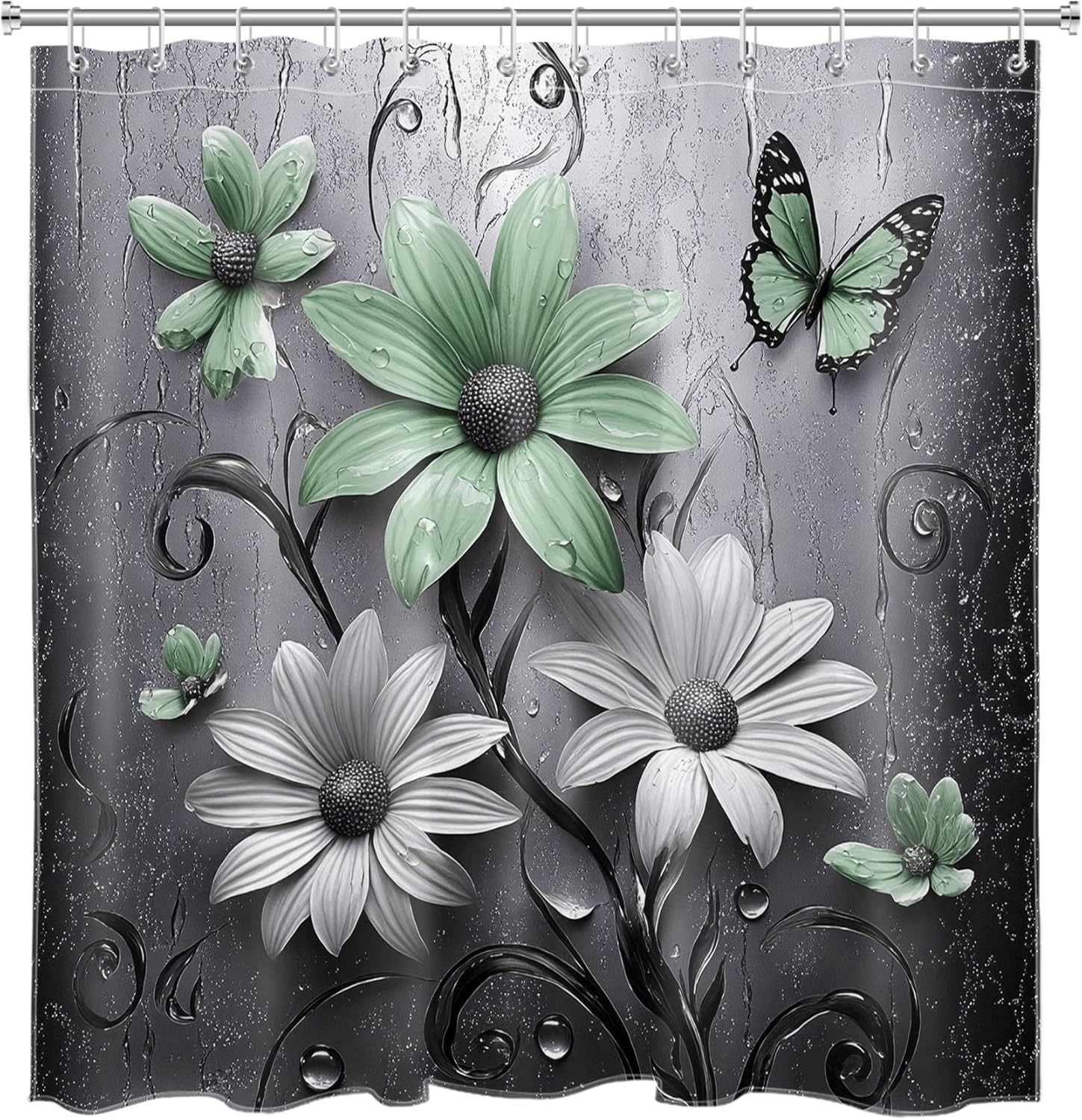 LB Green Floral Shower Curtain for Bathroom, Plant Black and Green Abstract Flower and Nature Butterfly Fabric Shower Curtain with Hooks,Black and Grey Bathroom Curtain Shower Set, 72" W x 78" L