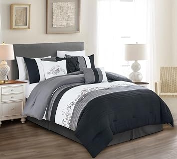 Chezmoi Collection Napa 7-Piece Luxury Leaves Scroll Embroidery Bedding Comforter Set Full, Black/Gray/White