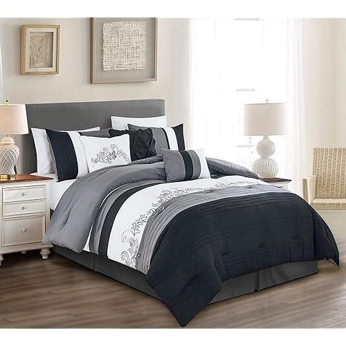 Chezmoi Collection Napa 7-Piece Luxury Leaves Scroll Embroidery Bedding Comforter Set (King, Black/Gray/White)