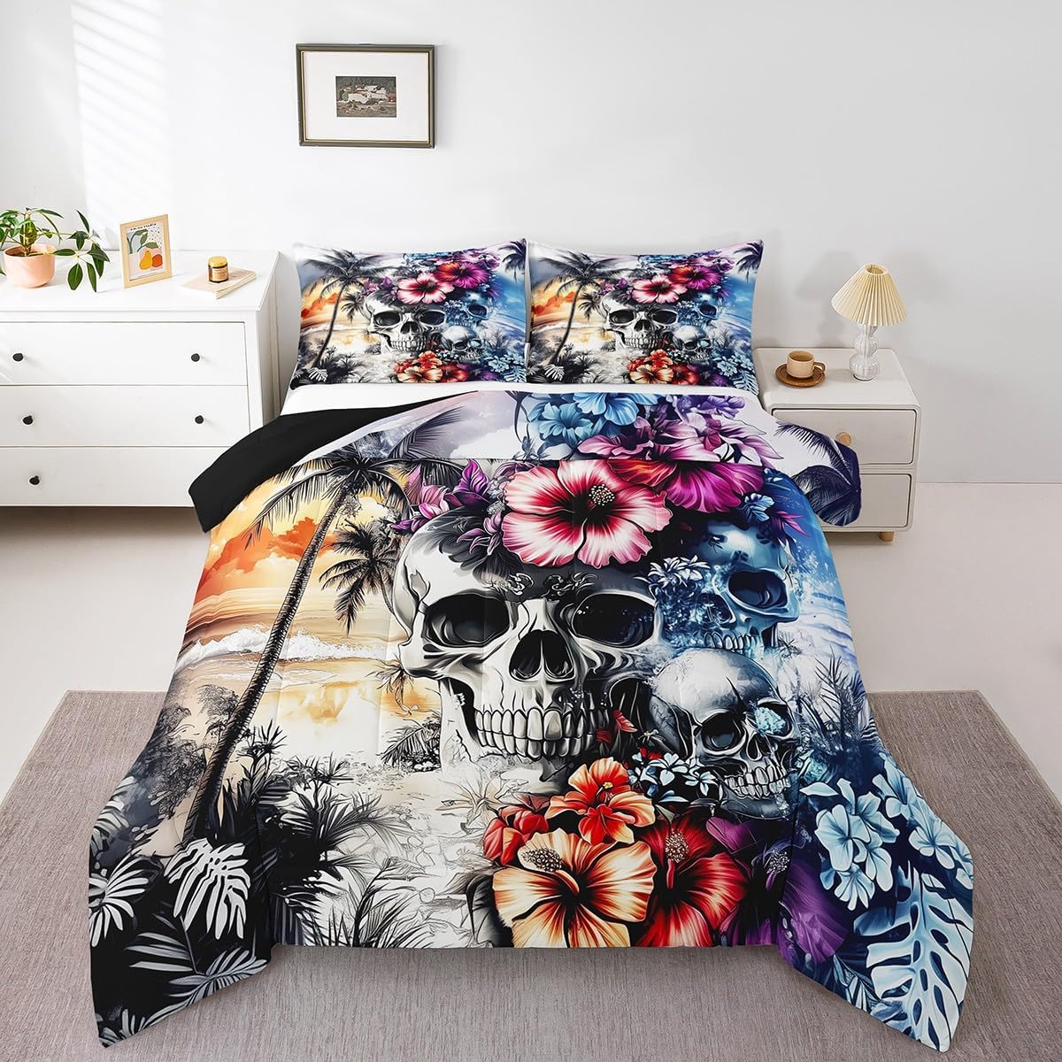 Flower Skull Bedding Sets Queen Size,Tropical Hawaii Comforter Set for Kids Boys Teen Adult Room Decor,Colorful Floral Palm Leaf Down Comforter Seaside Beach Reversible Quilt Set,2 Pillowcases