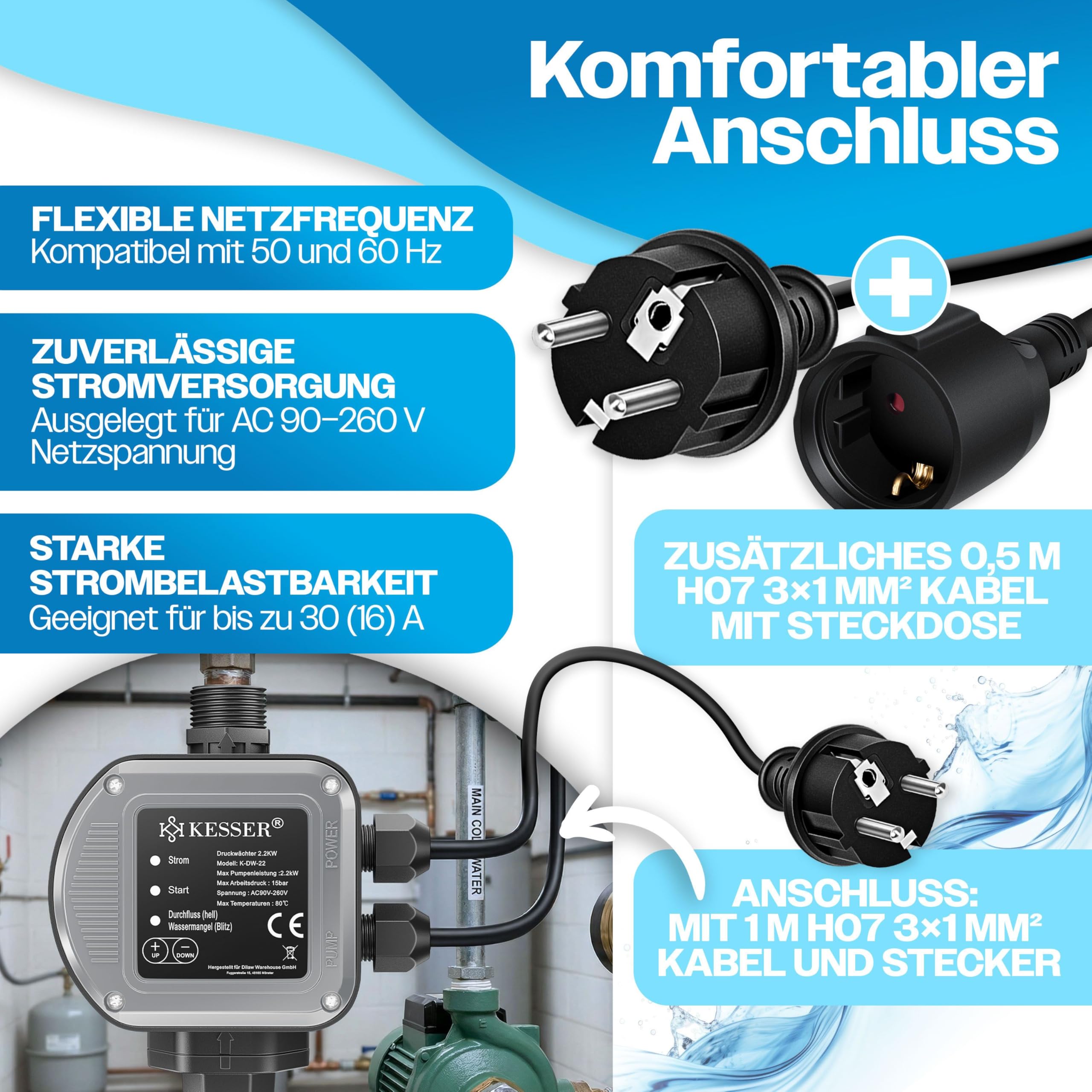 KESSER Interruptor de presión con regulador de presión, 15 bar, control de bomba, sistema de agua doméstica, riego de jardín, con cable, presión de agua constante, para jardín y casa, encendido y