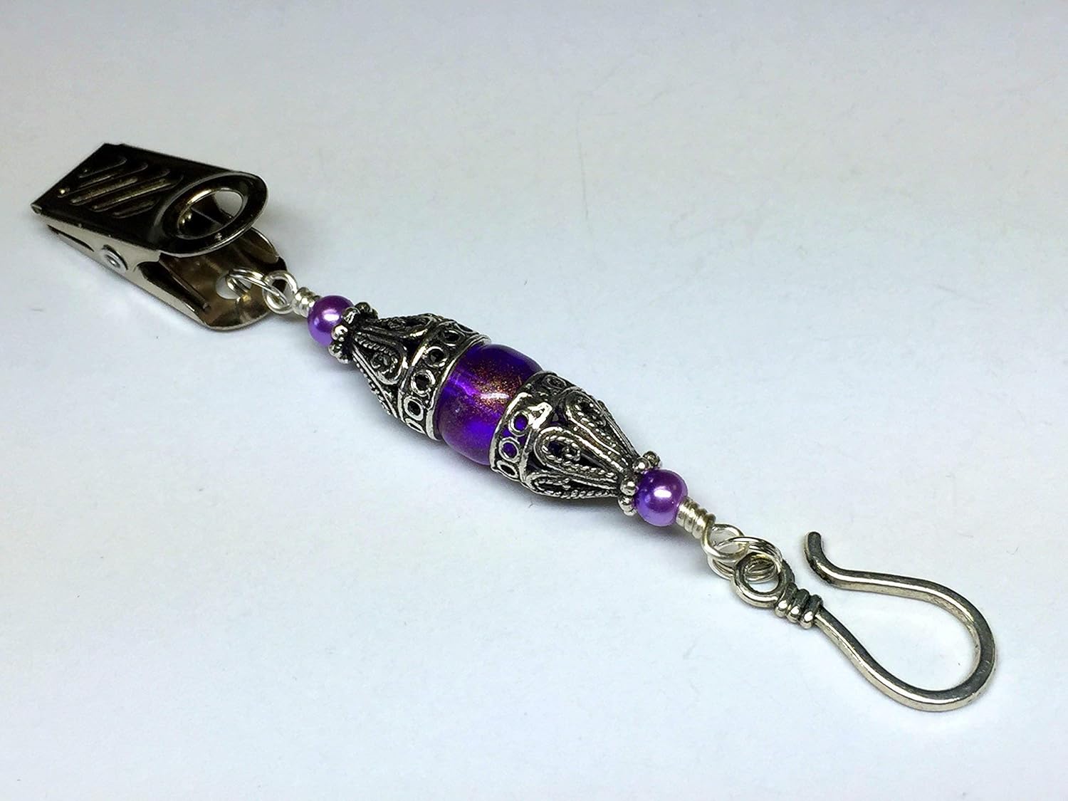 Purple Portuguese Knittting Pin for Knitters, Clip on Brooch with Yarn Hook