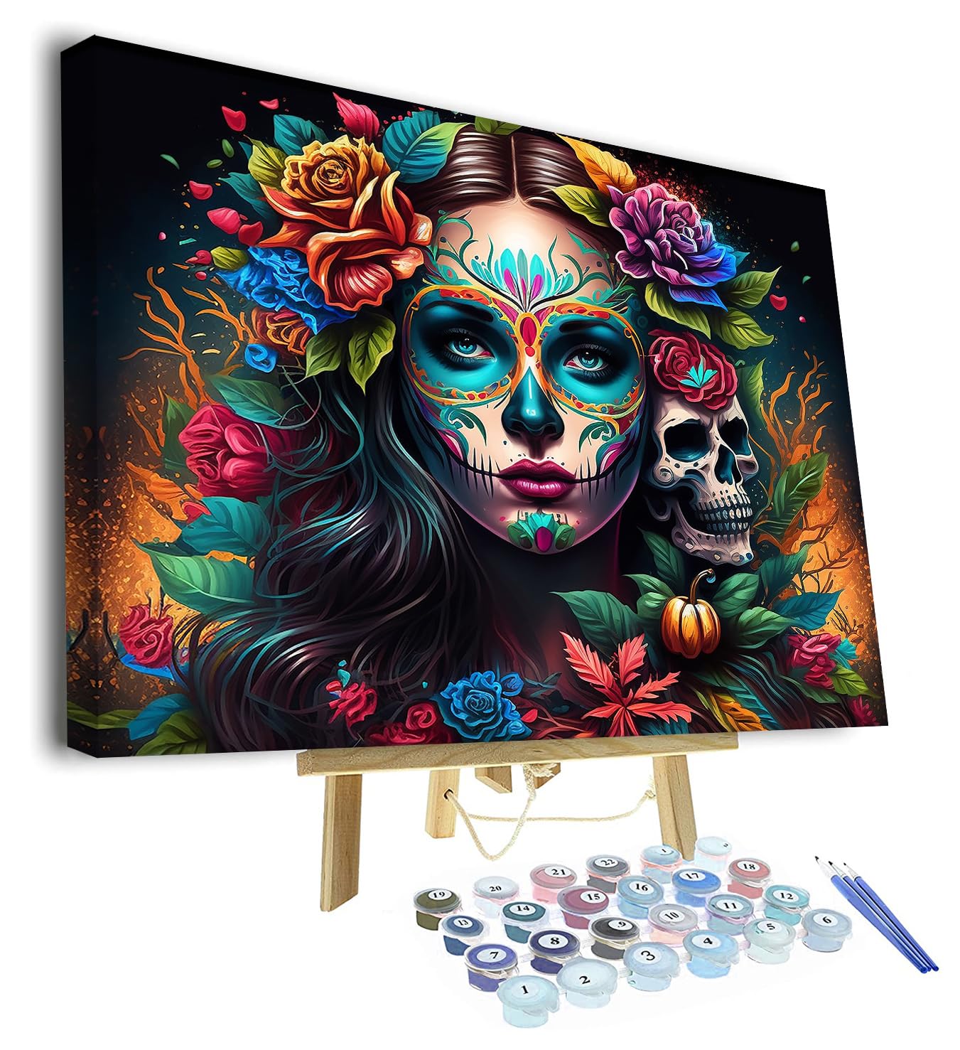 TISHIRON Totenkopf Mädchen Malen nach Zahlen Erwachsene Tag der Toten Acrylmalerei mit Pinseln Erwachsene Malen nach Zahlen Kits Kunsthandwerk für Home Canvas Geschenke 16 "x20(Rahmen)