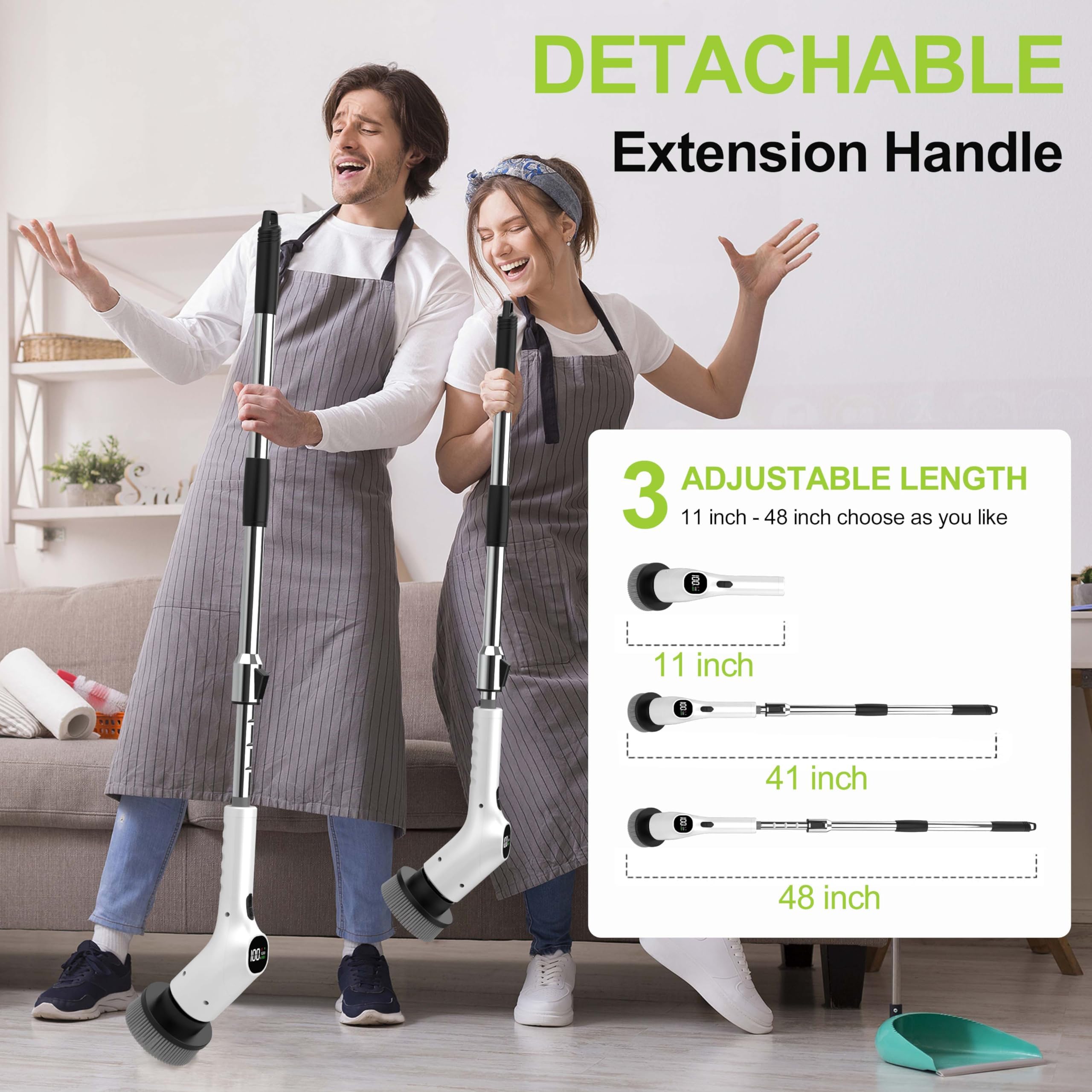 WKY - Brosse de douche électrique sans fil 10 en 1 avec poignée extensible, couple ultra élevé de 4,75 N·m, 2 vitesses, IPX7, écran LED, puce intelligente AI, pour salle de bain, cuisine