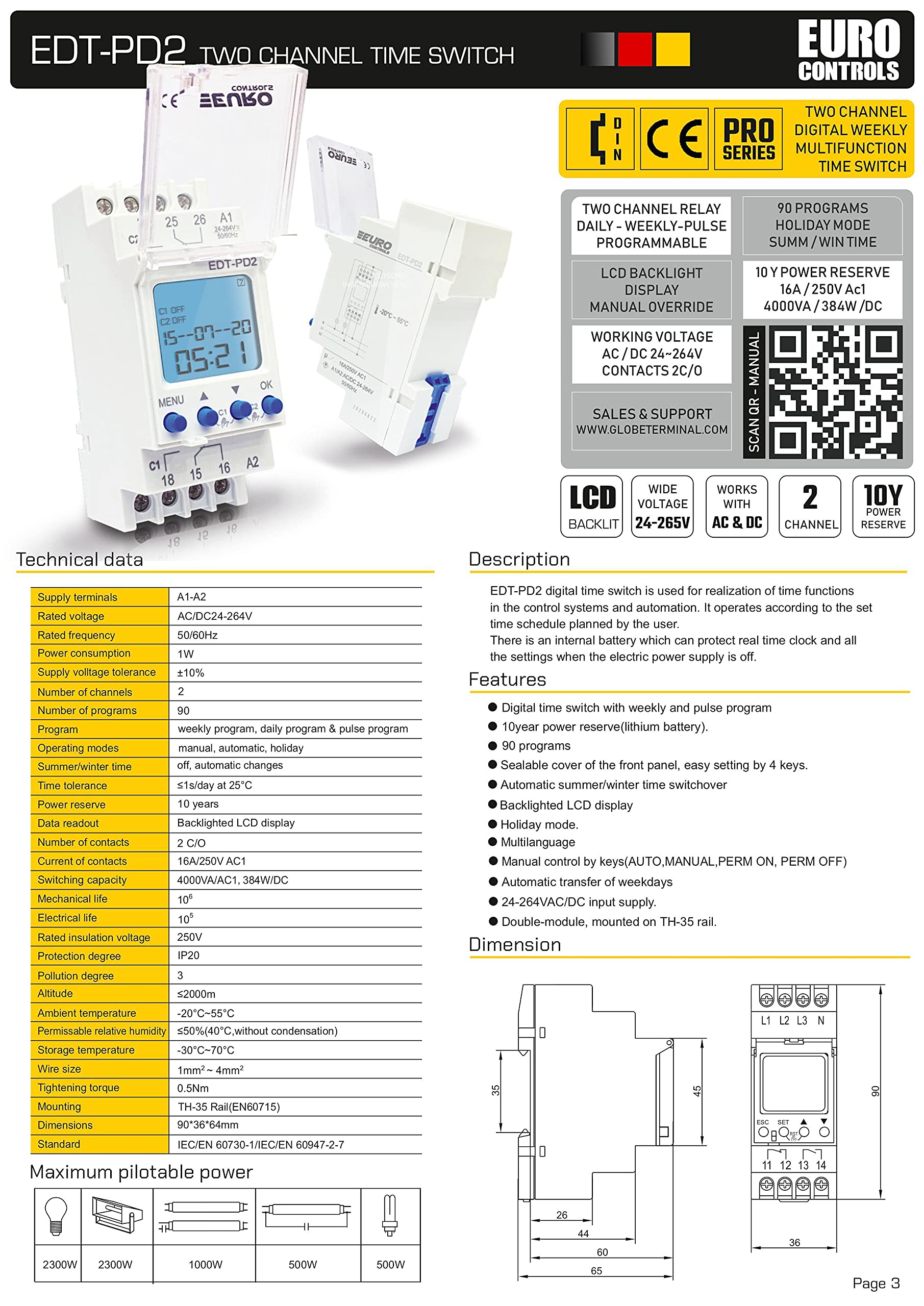 EuroControls Euro Controls EDT-PD2 German Tech - 2 Independent Channel Timer - 24 to 265 V AC/DC - LCD Backlit - 80 Programs Daily/Weekly/Pulse/Holiday modes - Electronic Timer Switch relay