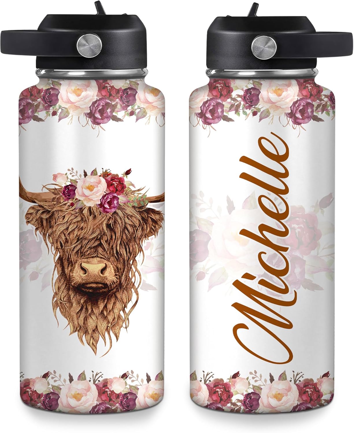 Hyturtle Personalized Highland Cow Water Bottle - Insulated Stainless Steel Bottle with Leak-Proof Lid 18oz 32oz - Highland Cow Gift for Women, Girls, Highland Cow Lovers - Birthday & Christmas Gift
