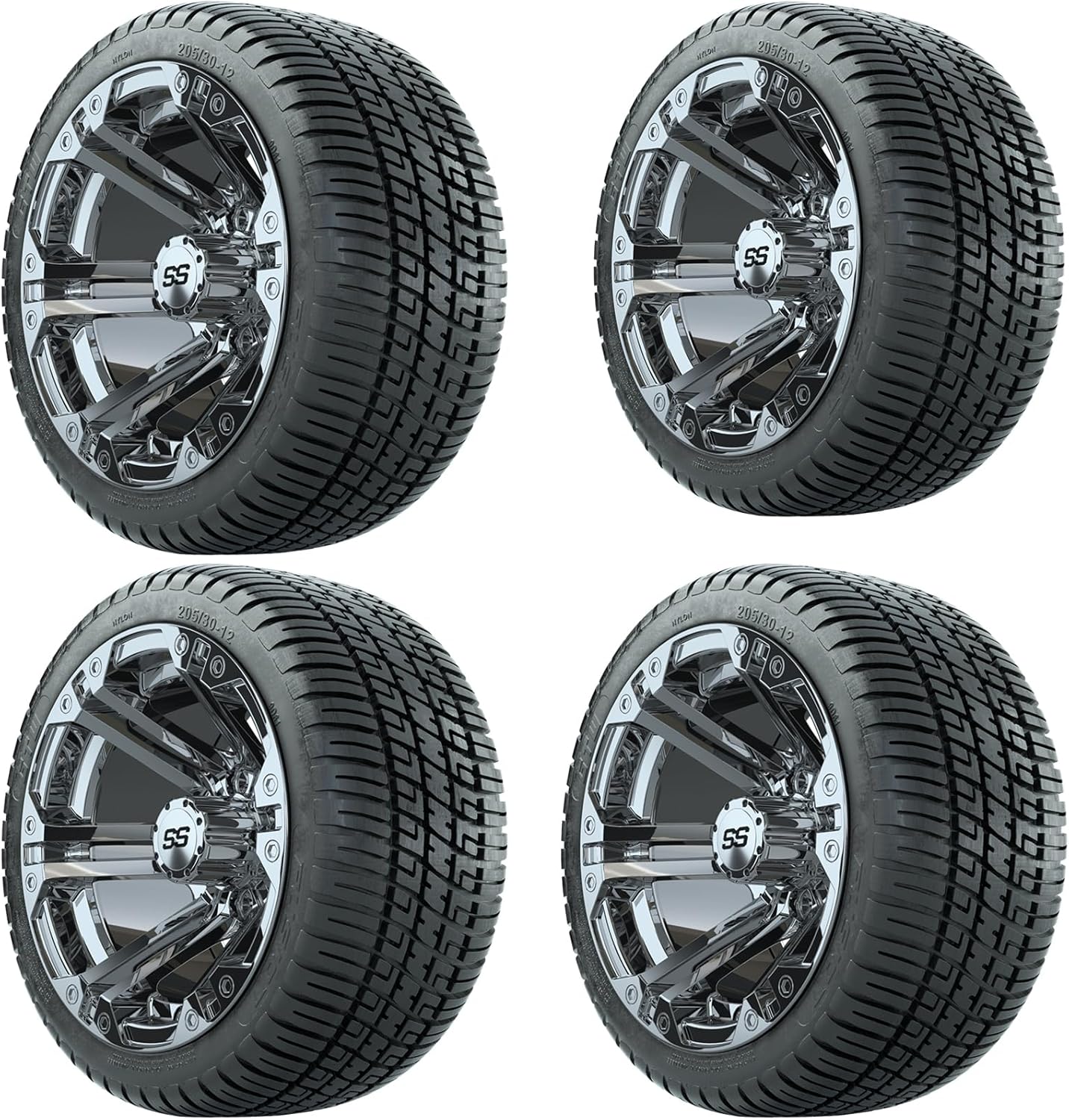 GTW 12 Inch Golf Cart Wheels and Tires Combo | Chrome Specter Wheels on 205/30-12 (17") Fusion Low Profile Street Tires | Set of 4