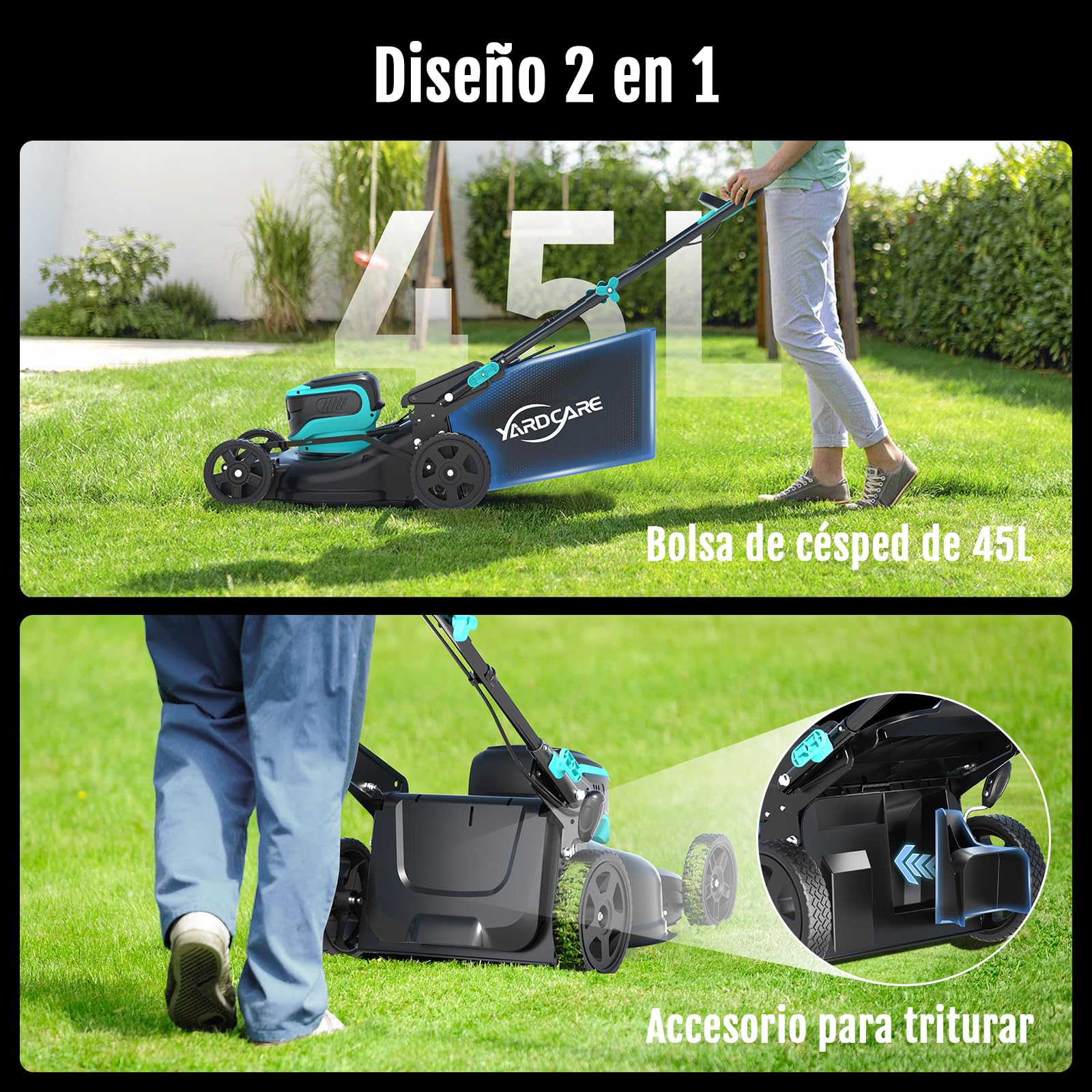 YARDCARE Cortacesped Electrico(Hasta 675㎡, 36V, Ancho de Corte 41cm)Cortacesped Bateria con Ajuste de Altura de 7Etapas, Kit de Mulching&Bolsa de Paja de 45L, Mango Ajustable, Pantalla LED, Cargadores