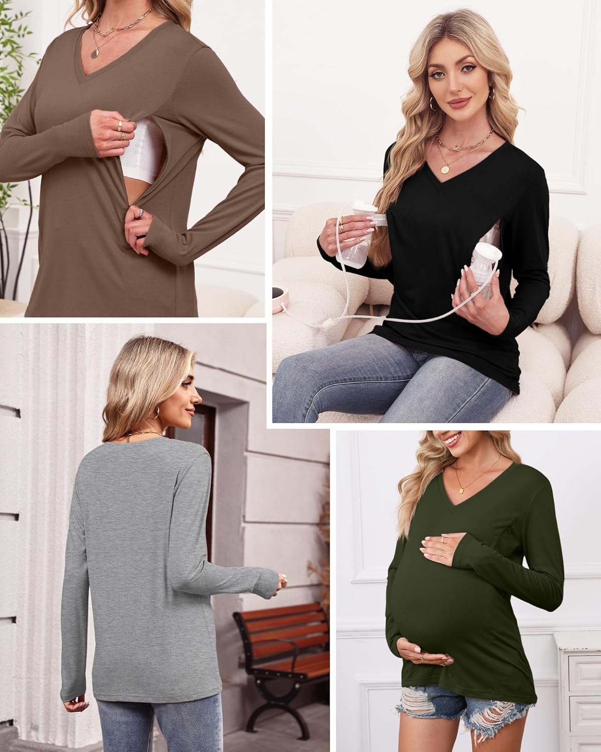 4 Pack Women's Long Sleeve Nursing Shirts with Hidden Zipper V Neck Breastfeeding Clothes Maternity Loose Fit Tops - Image 4