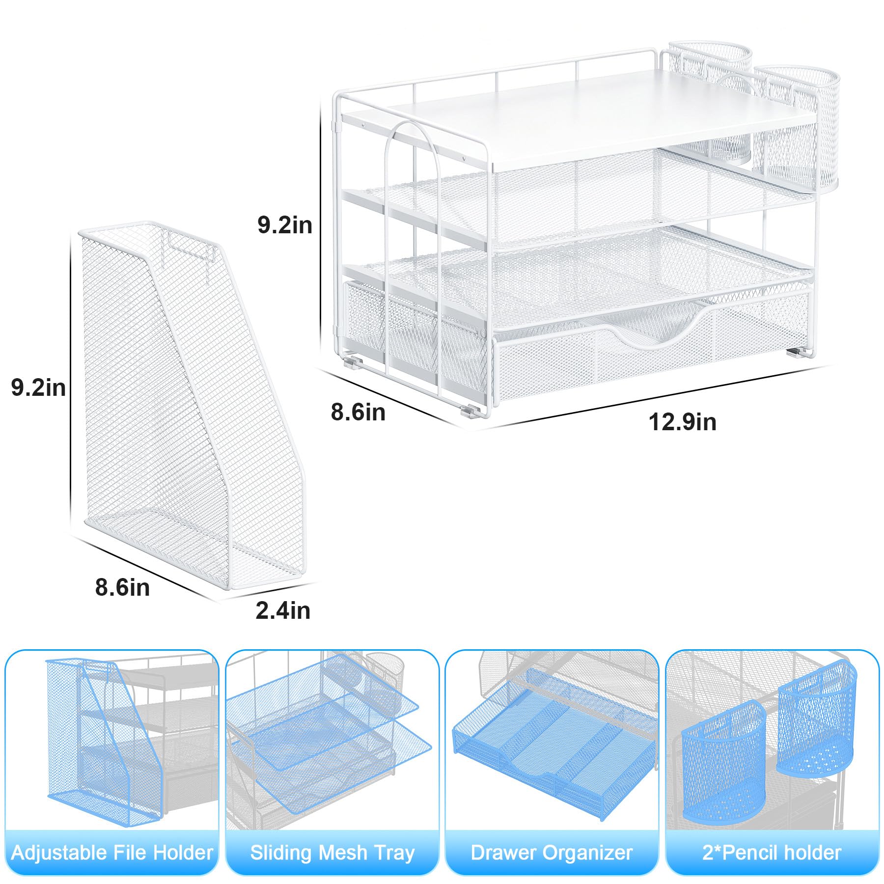 gianotter Wood Desk Organizers and Accessories with File Holder, 4-Tier Desk Accessories & Workspace Organizers with Drawer and 2 Pen Holder, Desk Reference Organizer (White, 4T with Metal Drawer) view 5