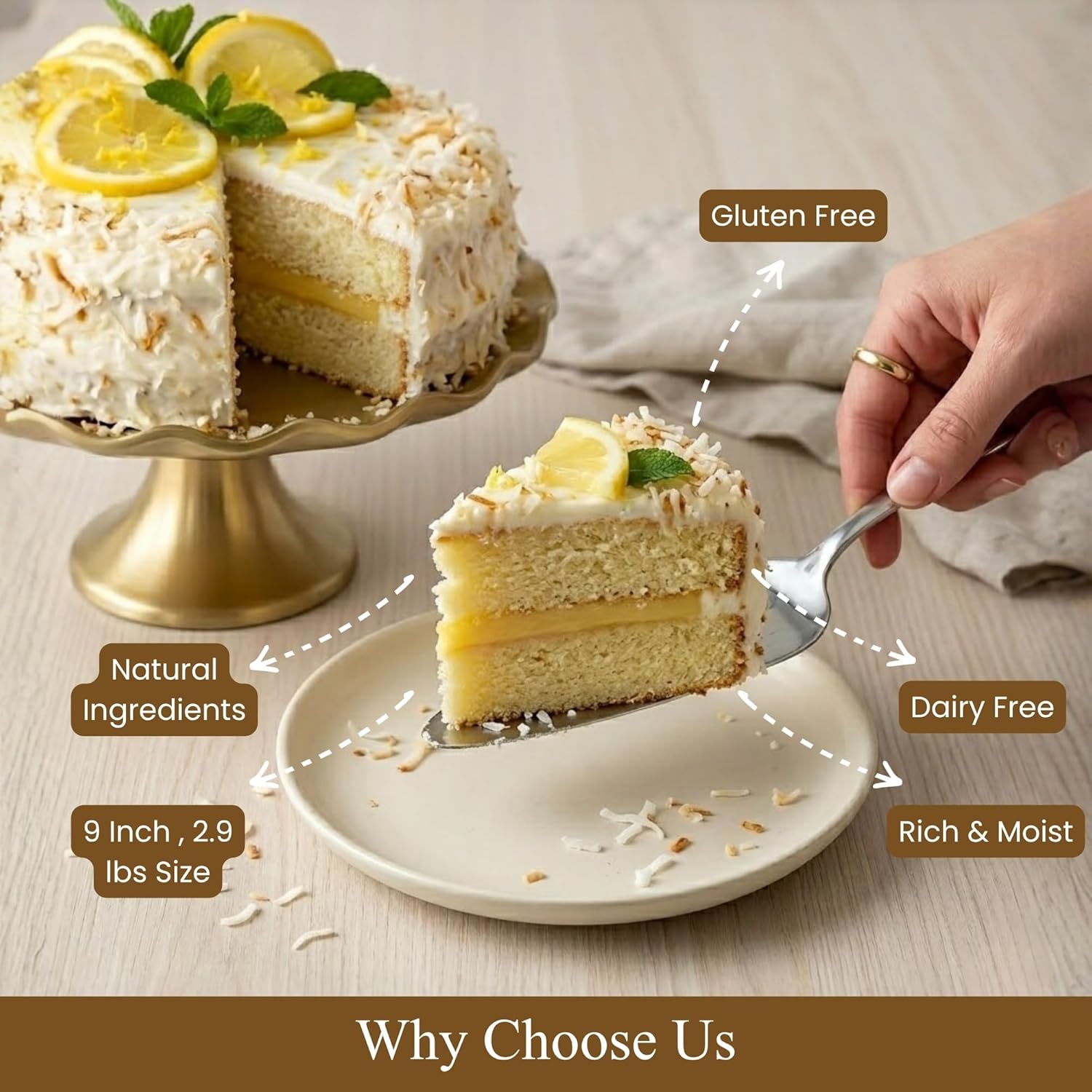 ANDY ANAND CHOCOLATIER Gluten Free & Dairy Free Coconut Lemon Cake - Luxurious 9 Inch 2.9 lbs Gourmet Gift, Handcrafted with Fresh Natural Ingredients, No Preservatives, Ideal for Celebrations and Birthdays