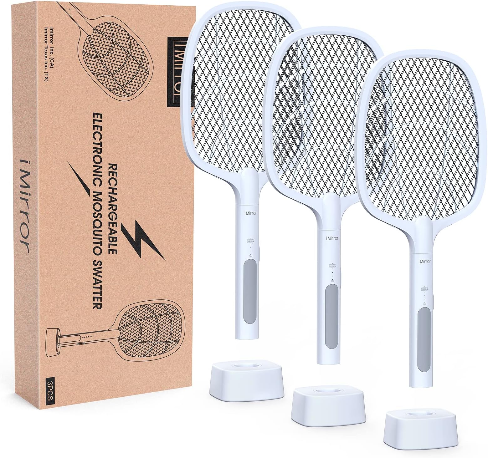 iMirror Bug Zapper Racket, 2 in 1 Rechargeable Electric Fly Swatter, Mosquito Swatter for Indoor and Outdoor (3 Pack, 1800 mAh)