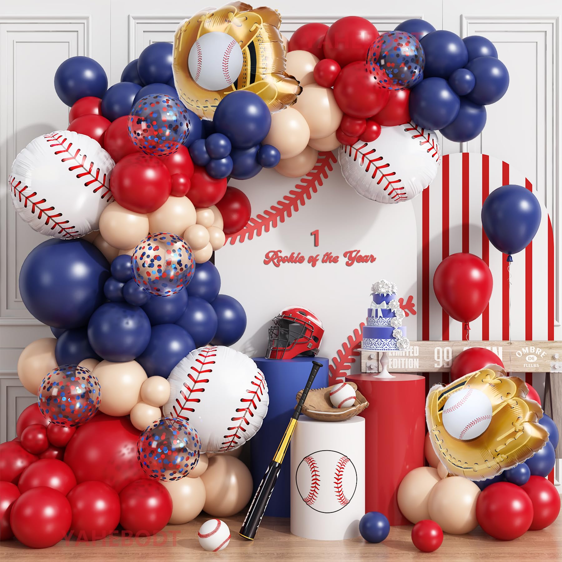 Photo 1 of ***PHOTO FOR REFERENCE*** Baseball Balloon Arch Garland Kit,166Pcs Navy Blue Red Nude and Confetti Balloon with Baseball Foil Balloons for Summer Birthdays Party,Sports Theme Baseball Party Decorations