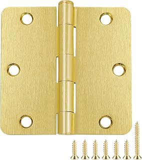 Door Hinges Satin Brass 3.5 Inch x 3.5" Interior Gold Door Hinges for Doors 12 Pack Brushed Brass Door Hinges 3-1/2" Round 5/8"Radius Corners Bedroom Residential Standard Indoor Door Hardware Hinge