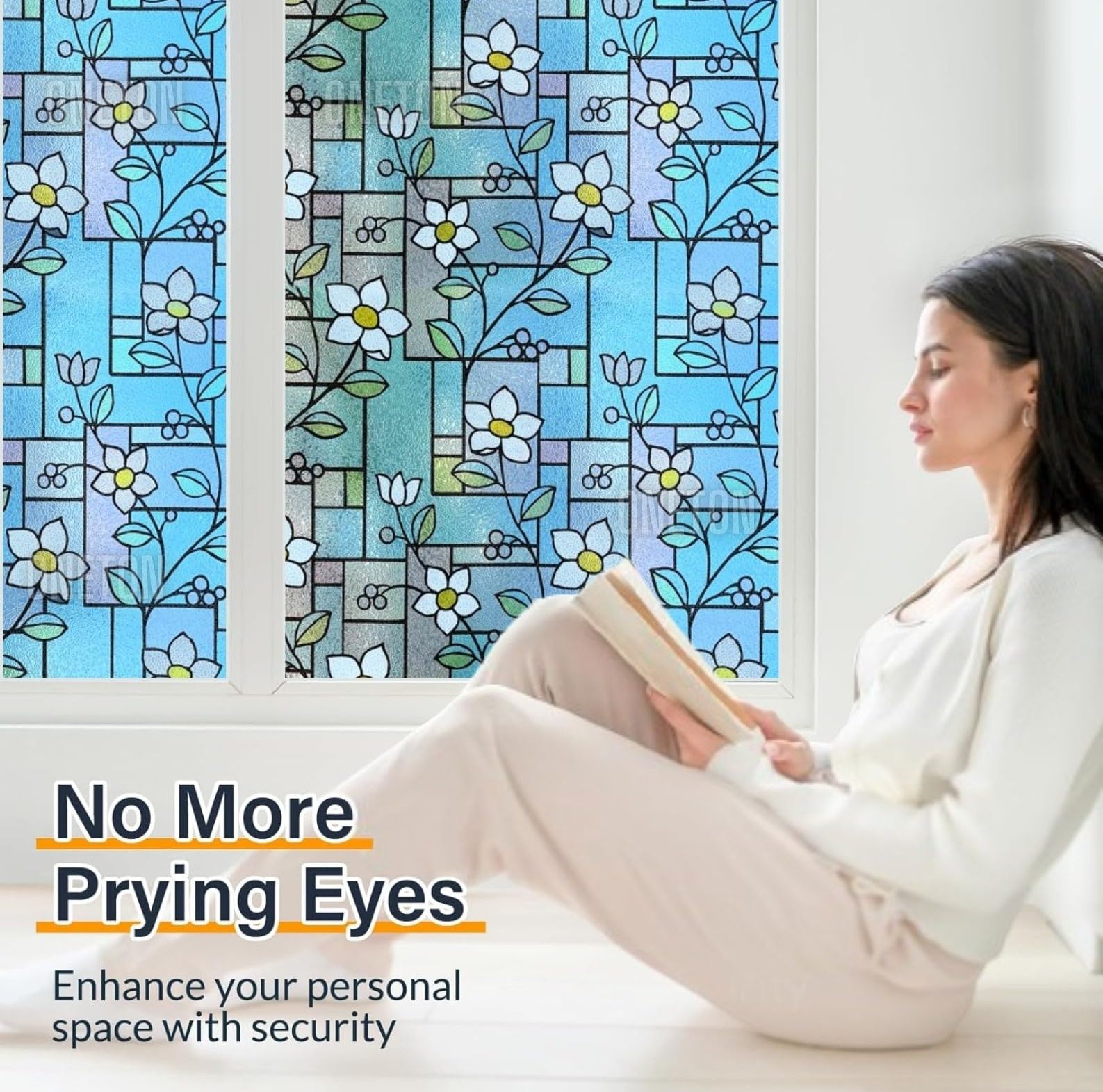 ONETON Frosted Glass Window Film Self Adheisve Decoartive Window Privacy Sheet Film UV Control Static Cling Removable Vinyl Frosted Privacy Film 12x48 Inch Blue Flower 3