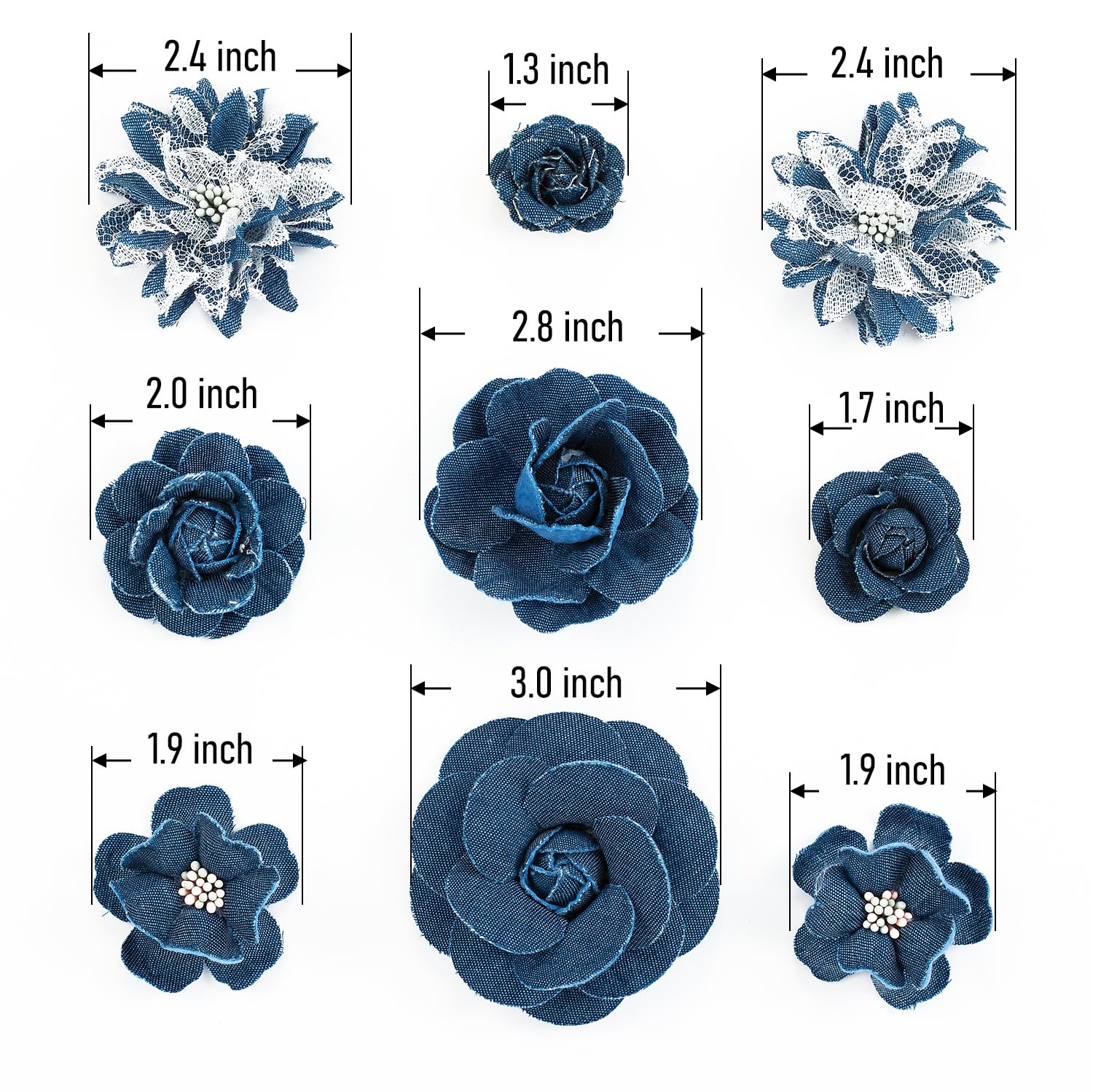 Juego de 9 parches de tela vaquera con forma de flor, cinta de mezclilla para vestidos, decoración de flores y manualidades para fiestas (azul oscuro)