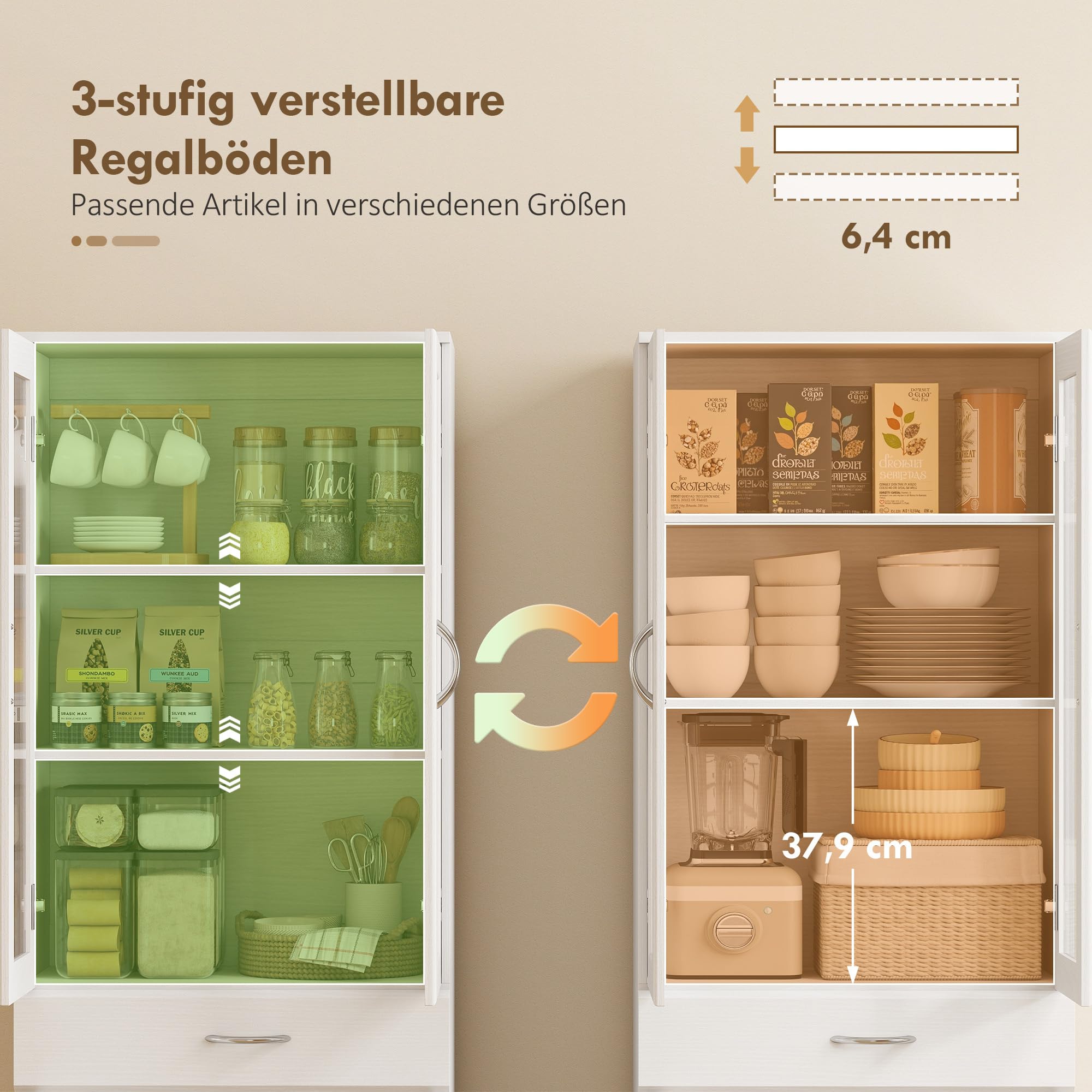 HOMCOM Küchenschrank mit Verstellbarem Regal 60 x 35 x 180 cm Weiß | Buffetschrank, Schublade, 2 Schrank, Hochschrank mit Glastür, Soft-Close-Funktion, für Küche Esszimmer Wohnzimmer