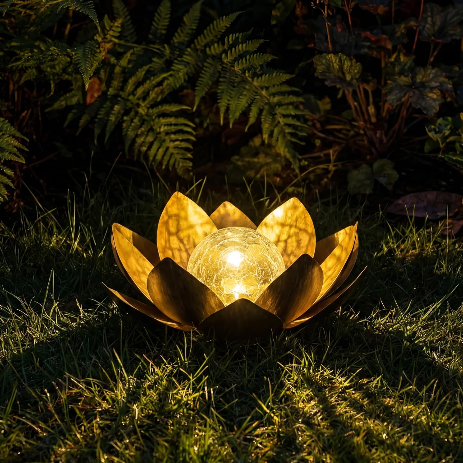 MEBRUDY Solar Lights Outdoor Garden Decor, Bright Globe Glass Lotus Flower Lamp, IP44 Waterproof Gold Metal Lotus LED Lights for Patio, Yard, Lawn, Tabletop Outside Decor, Garden Gifts for Mom Women