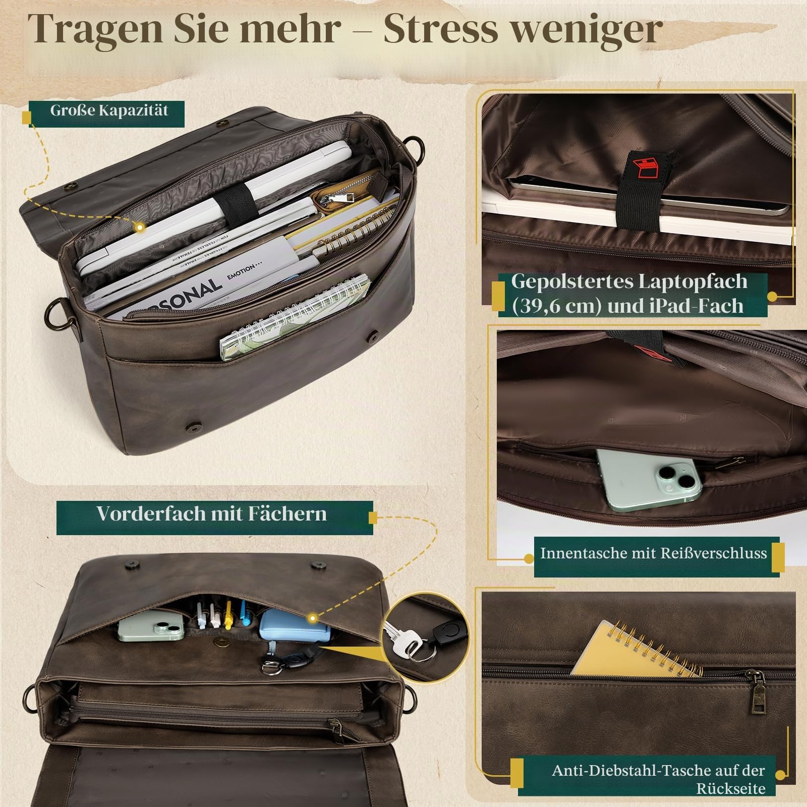 RAINSMORE Aktentasche Herren 15,6 Zoll Laptoptasche Wasserdicht - Business Messenger Bag Herren Umhängetasche aus PU Leder - Vintage Arbeitstasche & Schultertasche für Büro & Uni