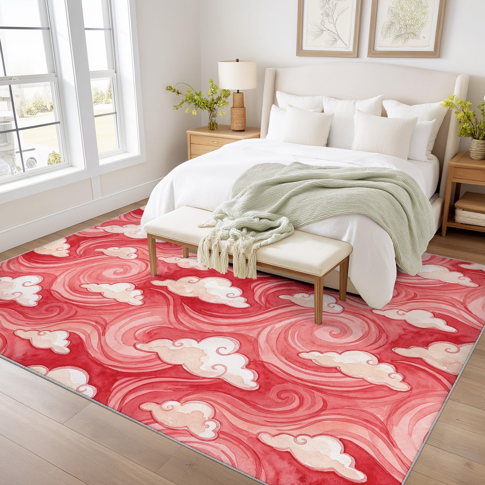 Tappeto lavabile per soggiorno, motivo astratto, acquerello, antiscivolo, romantico, nuvole, spirali, a pelo corto, per camera da letto, sala da pranzo e cucina, in morbida flanella, 80 x 120 cm, rosa