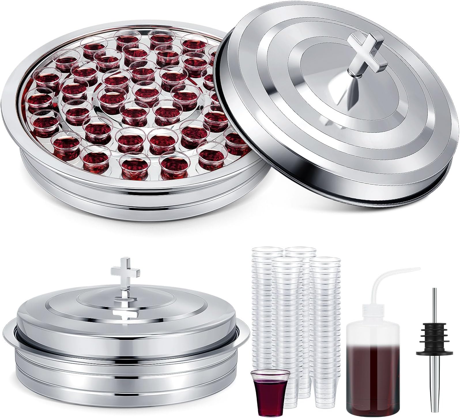 Zhehao 1 Set Holy Communion Trays for Churches with Lid, Churches Cup Fillers, 100 Disposable Communion Cups (Silver)