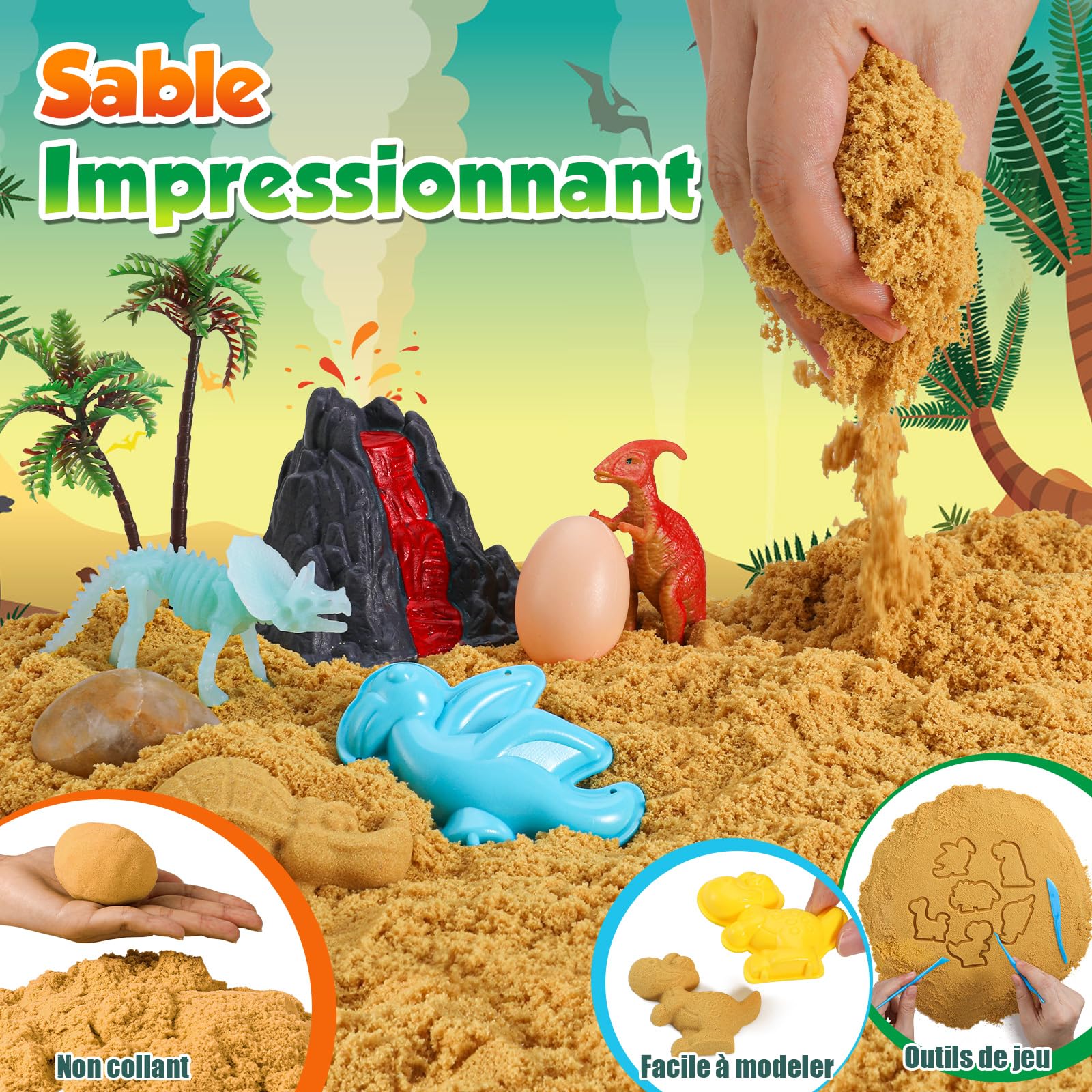 FRUSE Sable Magique de Dinosaure, Jouets Sensoriels avec Sable Sensoriels,Dinosaure Jouet, Dino Loupe de Jeu, Dinosaures Phosphorescents, Bac a Sable avec Couvercle,Cadeau pour Enfant de 3 à 8 Ans