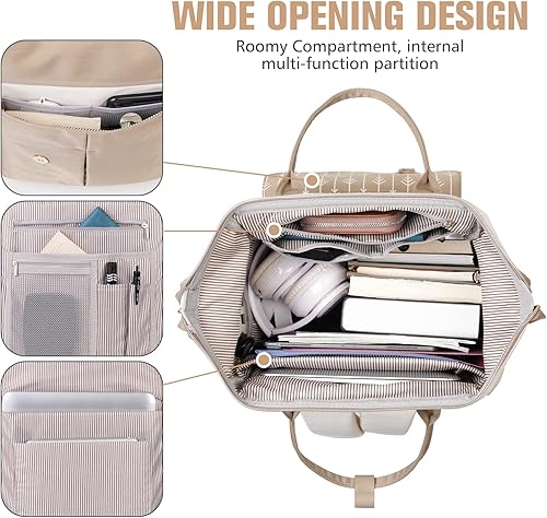 Miniatura 2 de MOMUVO Mochila para laptop para mujer con puerto USB, resistente al agua para estudiantes, Caqui beige , 17,3 pulg., Moderno